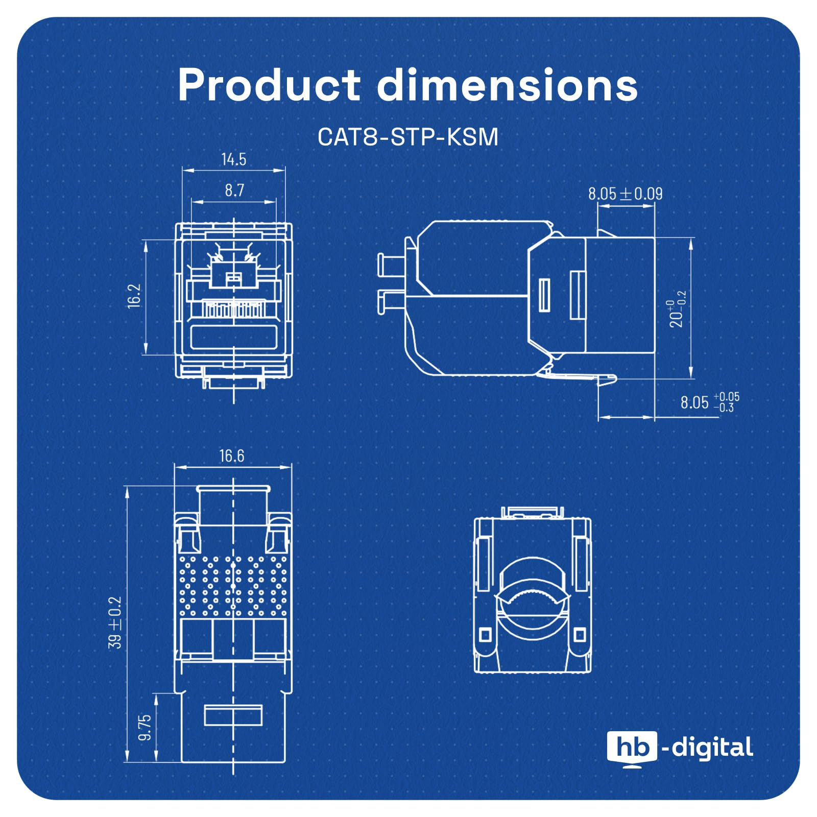 Technische Blaupause mit Abmessungen eines CAT8-STP-KSM-Anschlusses, verschiedene Ansichten.