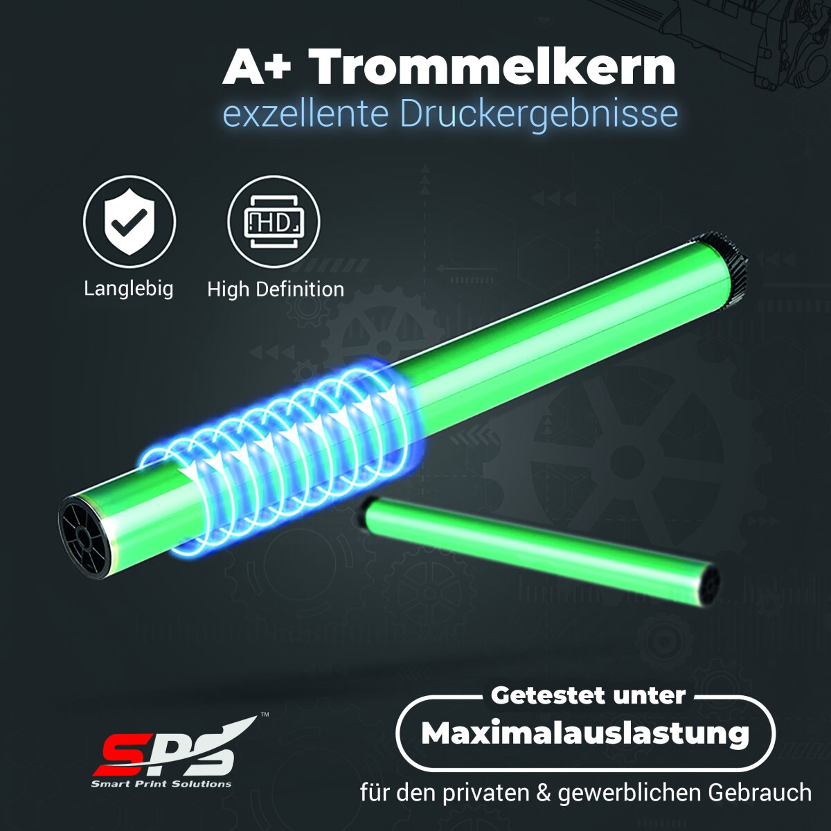 Eine grüne Druckertoner-Kartusche mit blauen Energieeffekten und Text auf Deutsch.