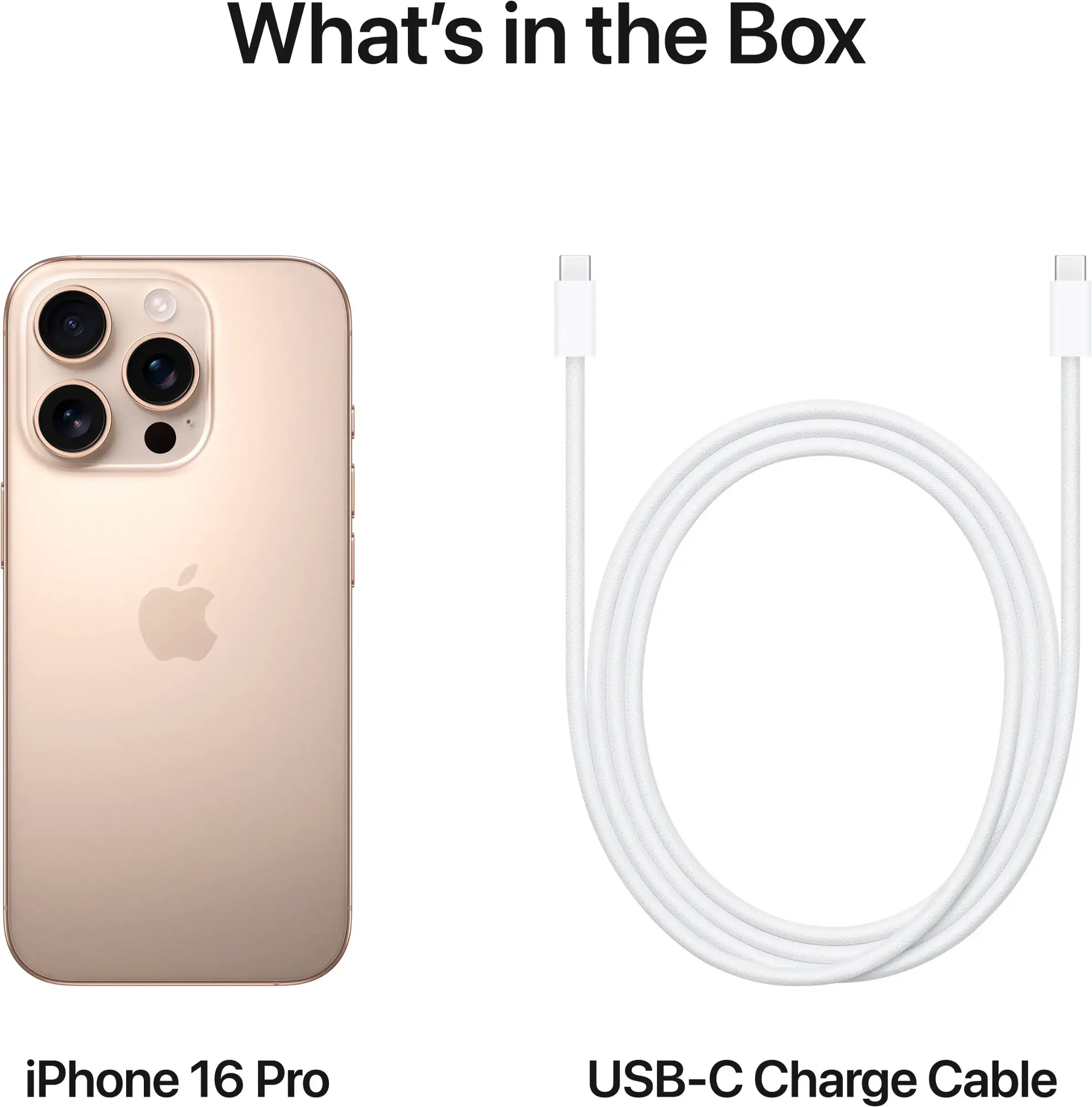 iPhone 16 Pro i kabel ładujący USB-C. Tekst: Co jest w pudełku. Telefon jest złoty.