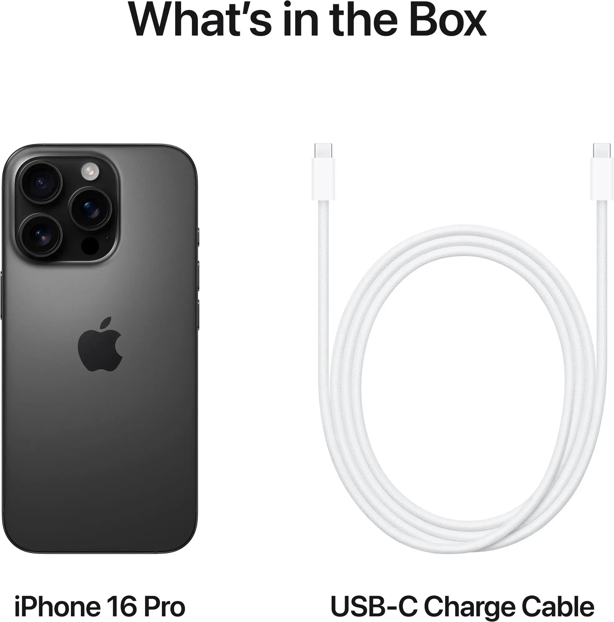 Schwarzes iPhone 16 Pro und ein weißes USB-C-Ladekabel auf weißem Hintergrund. Inhalt der Box.