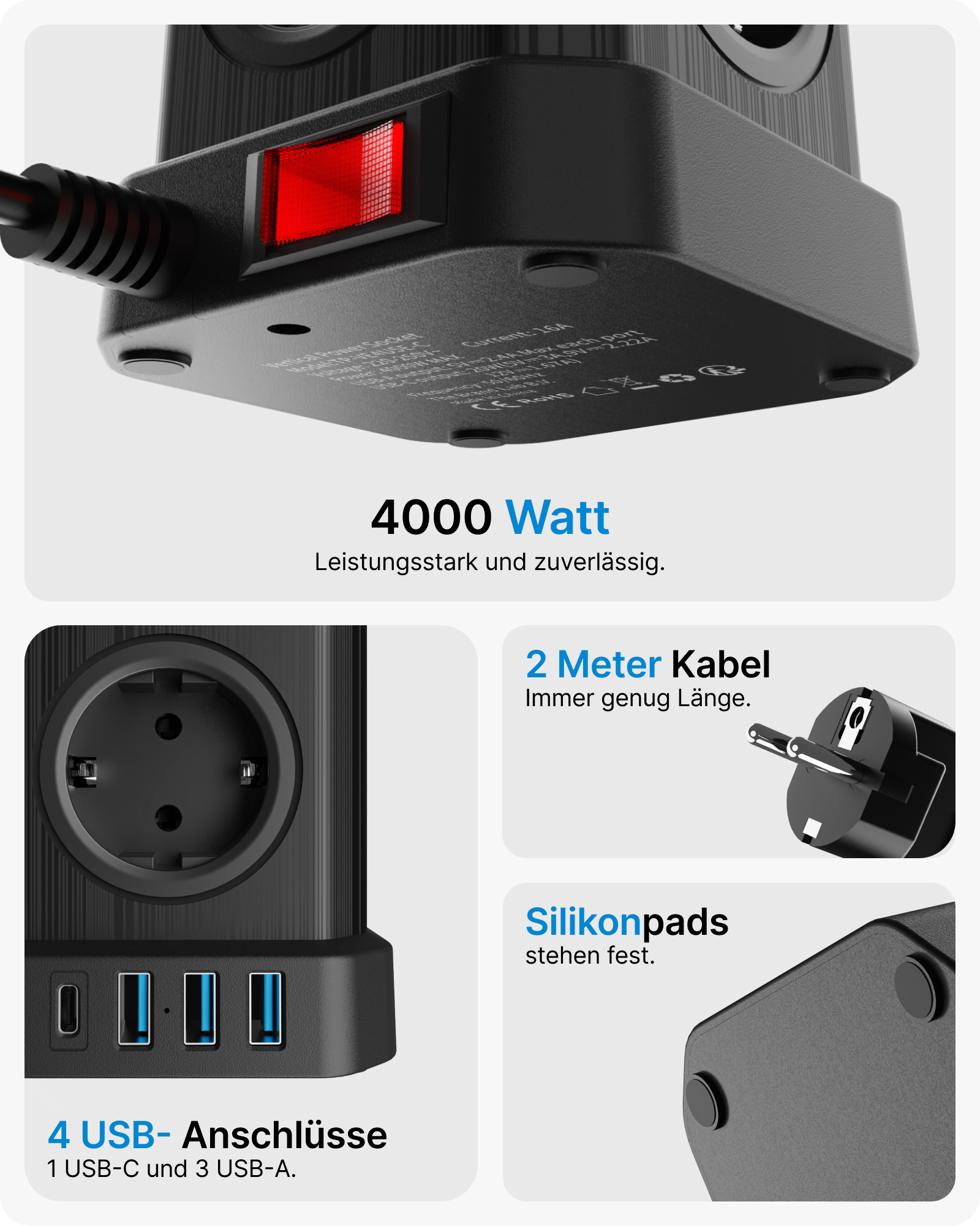 Eine schwarze Steckdosenleiste mit rotem Netzschalter, mehreren USB-Anschlüssen und Steckdosen mit beschreibendem Text.