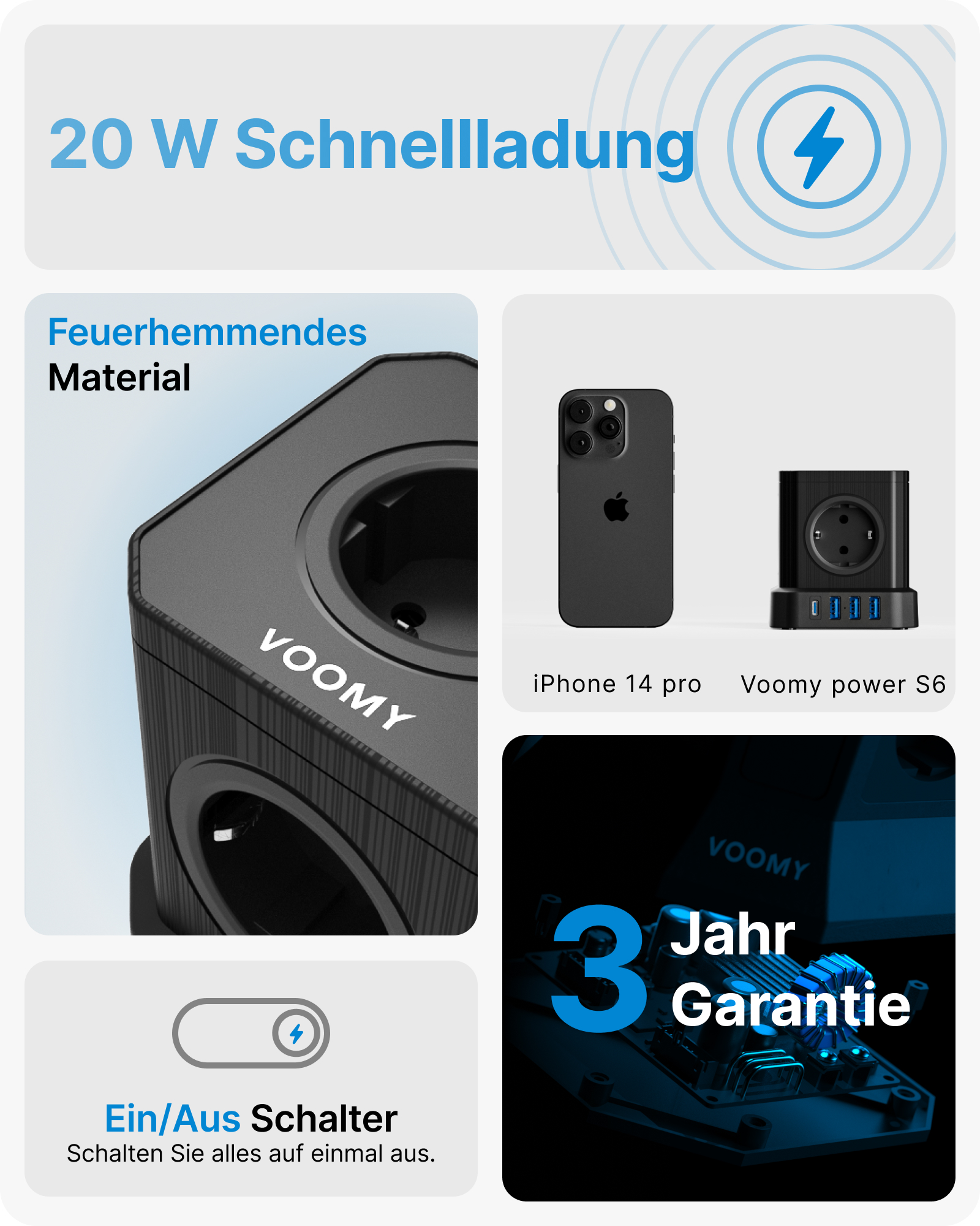 Bilder, die einen schwarzen Power-Cube mit Steckdosen und einem Telefon zeigen. Text: 20 W Schnellladung, 3 Jahre Garantie.