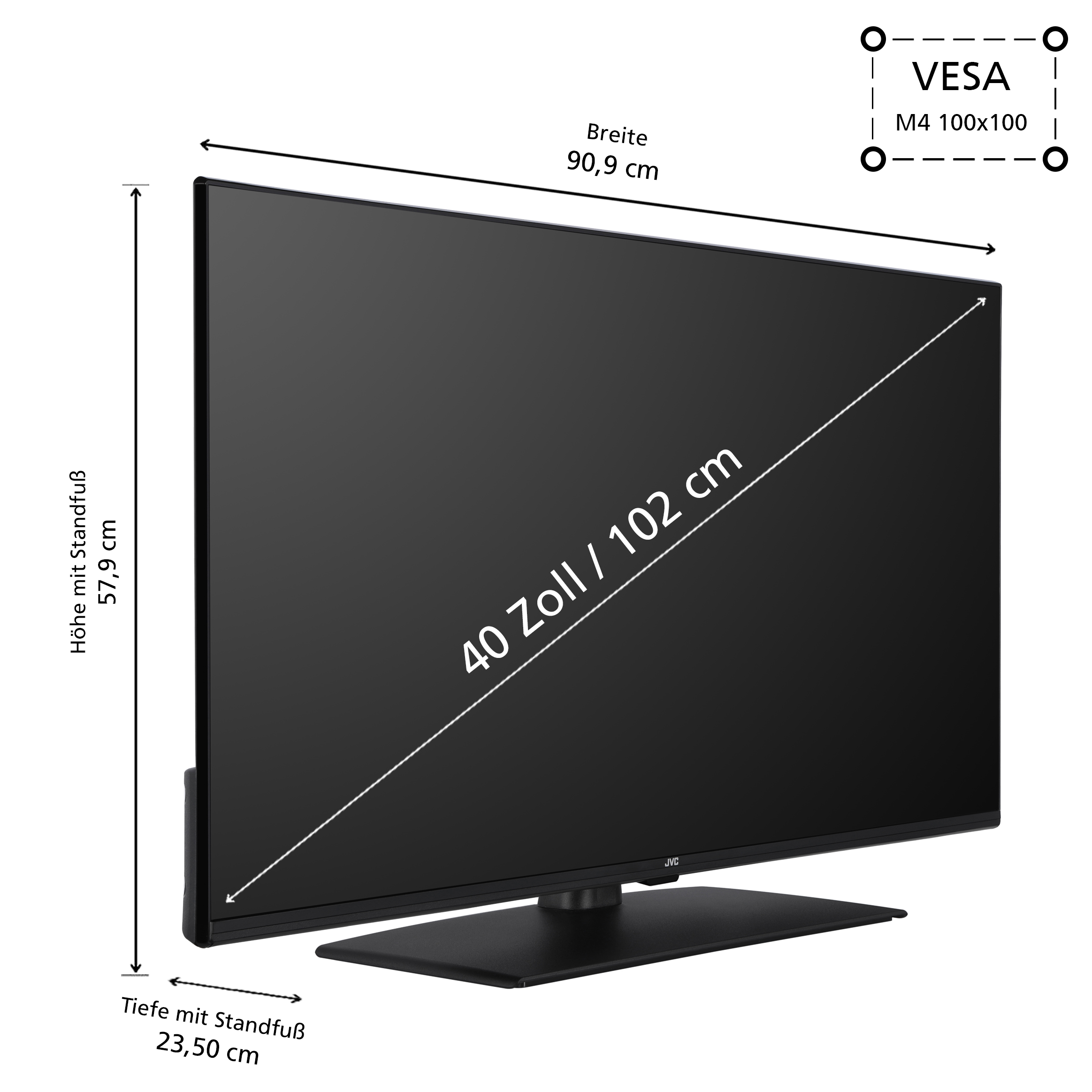 Une grande télévision noire avec dimensions et un schéma de montage VESA.