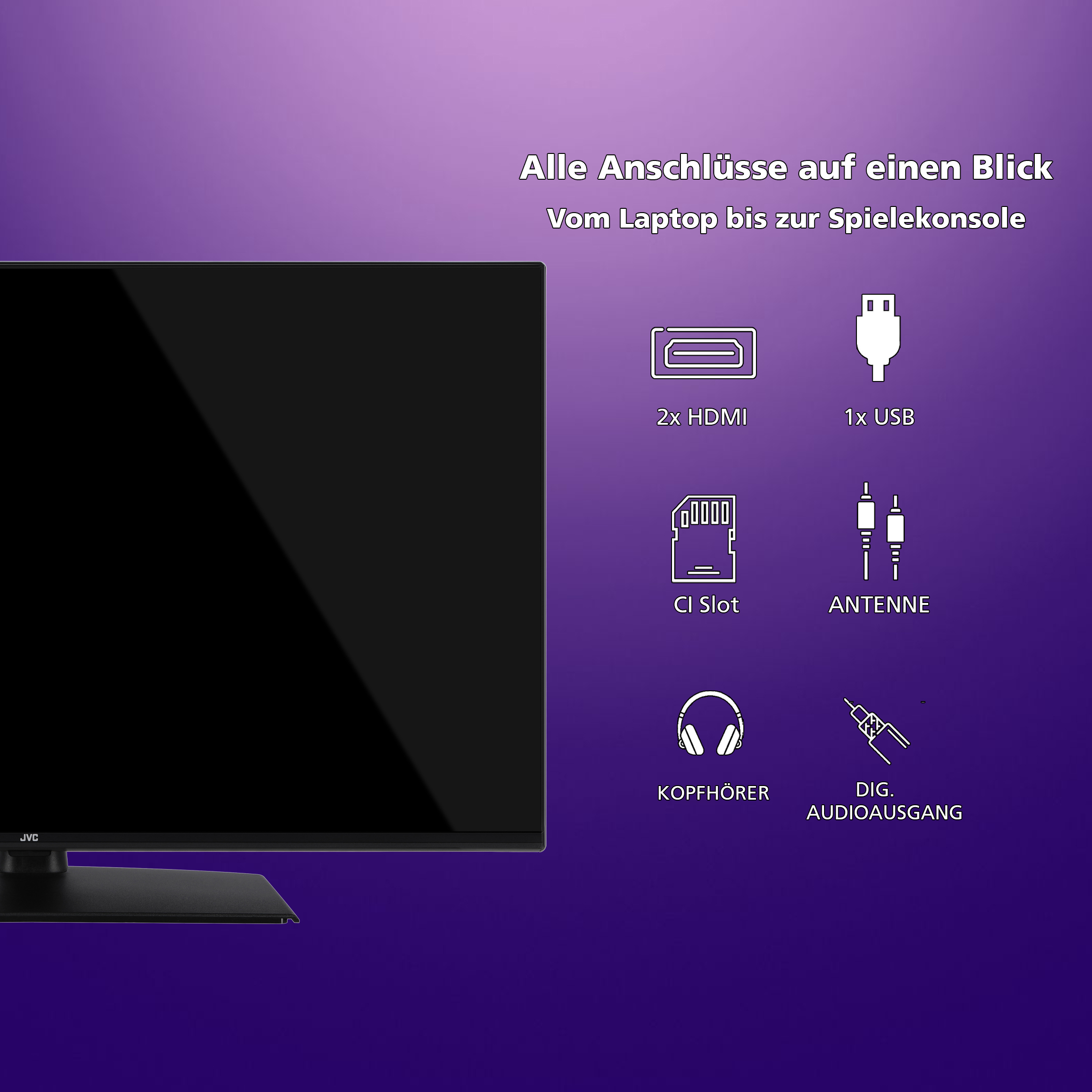 Écran TV avec symboles de connexion : HDMI, USB, logement CI, antenne, casque et audio numérique.