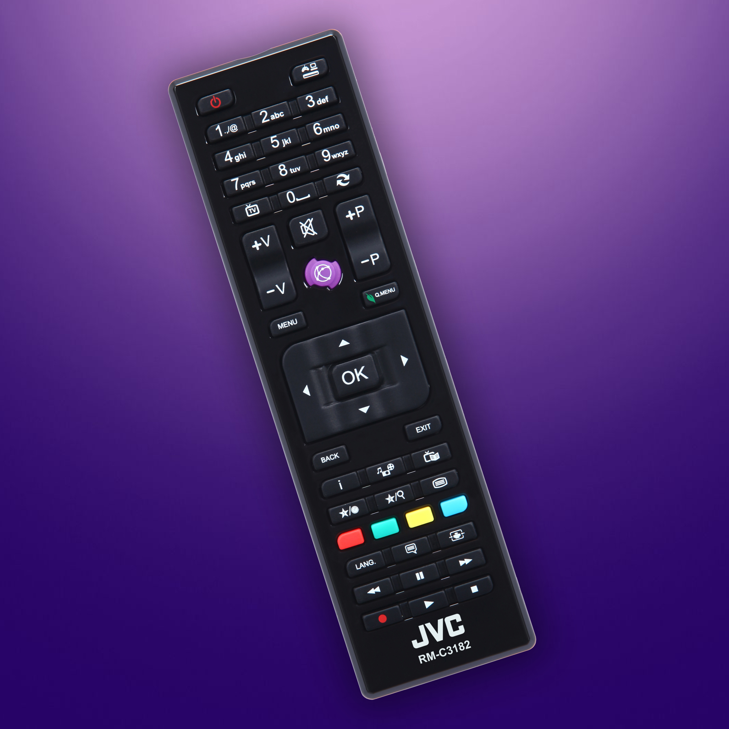 Télécommande JVC noire. Possède de nombreux boutons avec des chiffres et des symboles.