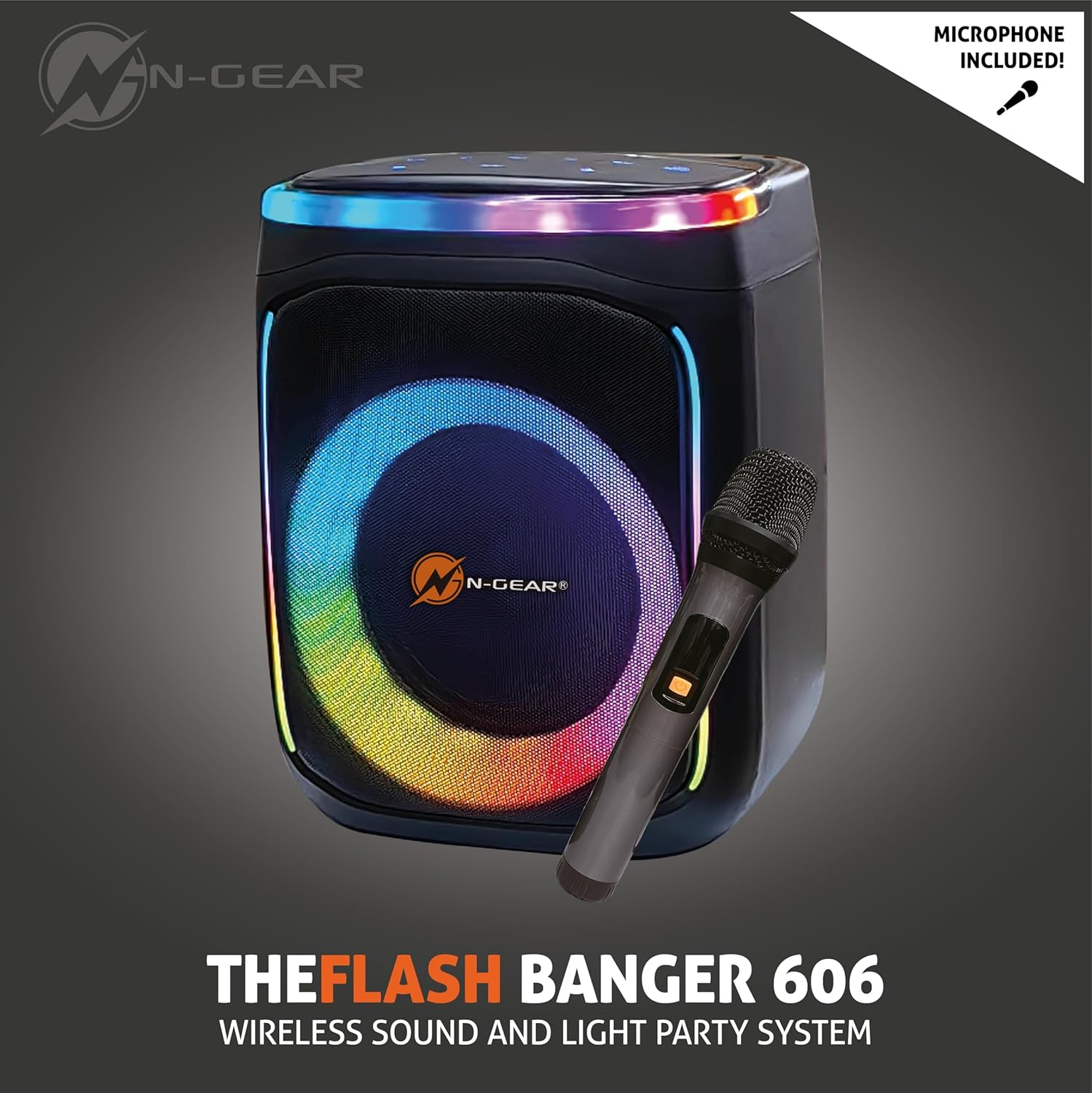 Schwarzer Party-Lautsprecher mit bunten Lichtern, N-Gear-Logo, Mikrofon und Text 'THEFLASH BANNER 606'.
