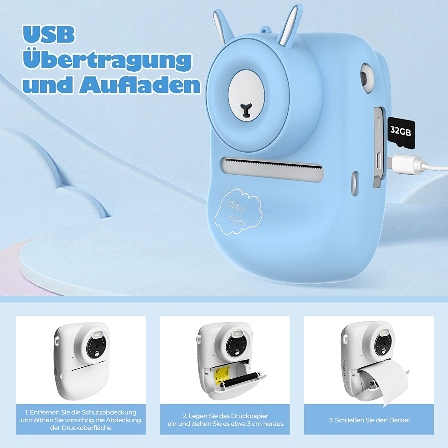 Eine blaue Sofortbildkamera mit Anweisungen. Es zeigt Schritte zum Einlegen des Papiers.