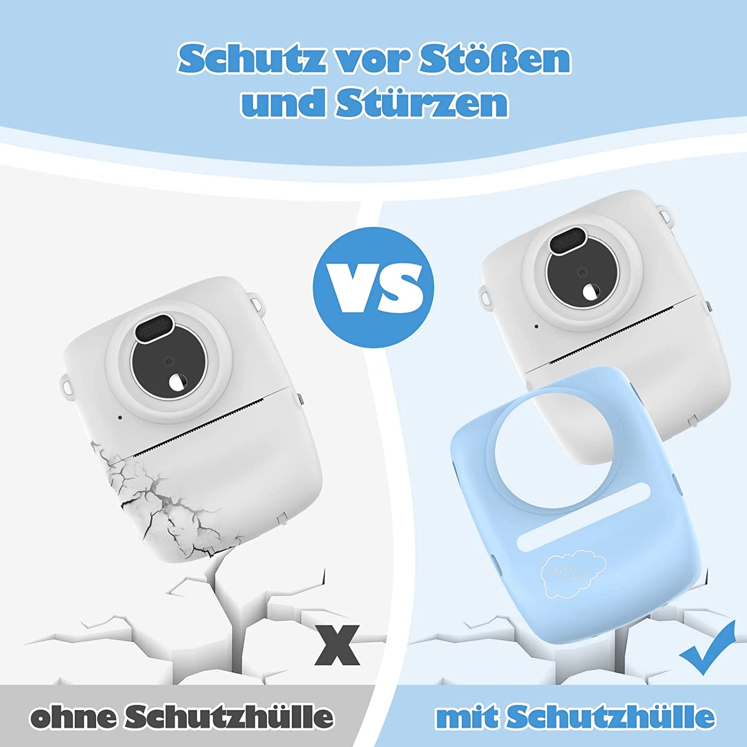 Zwei weiße Kameras, eine gerissen, eine mit blauer Hülle. Text sagt Schutz vs. kein Schutz.