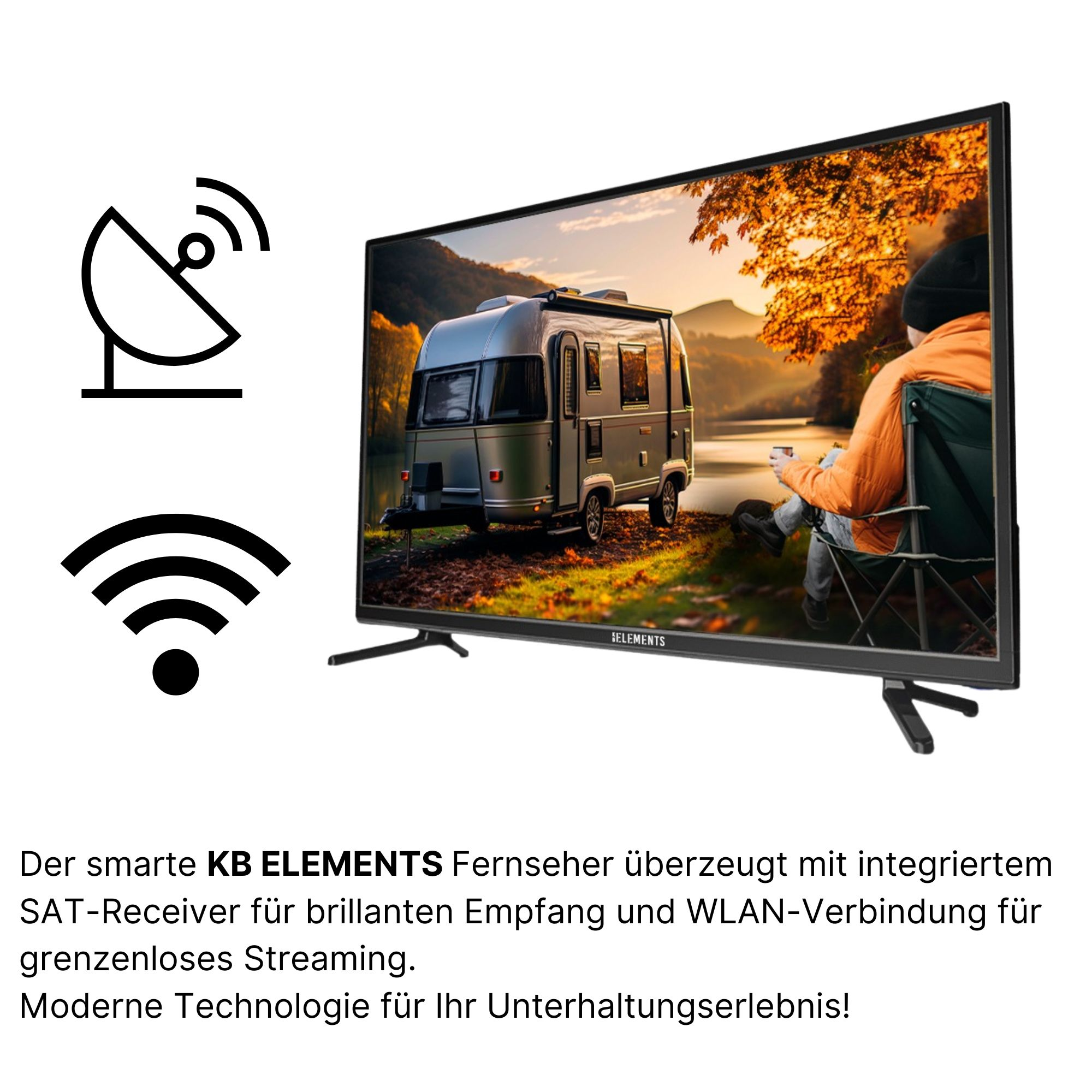 TV mit Szene eines Campers in der Natur und Symbolen für Satellit und WLAN.