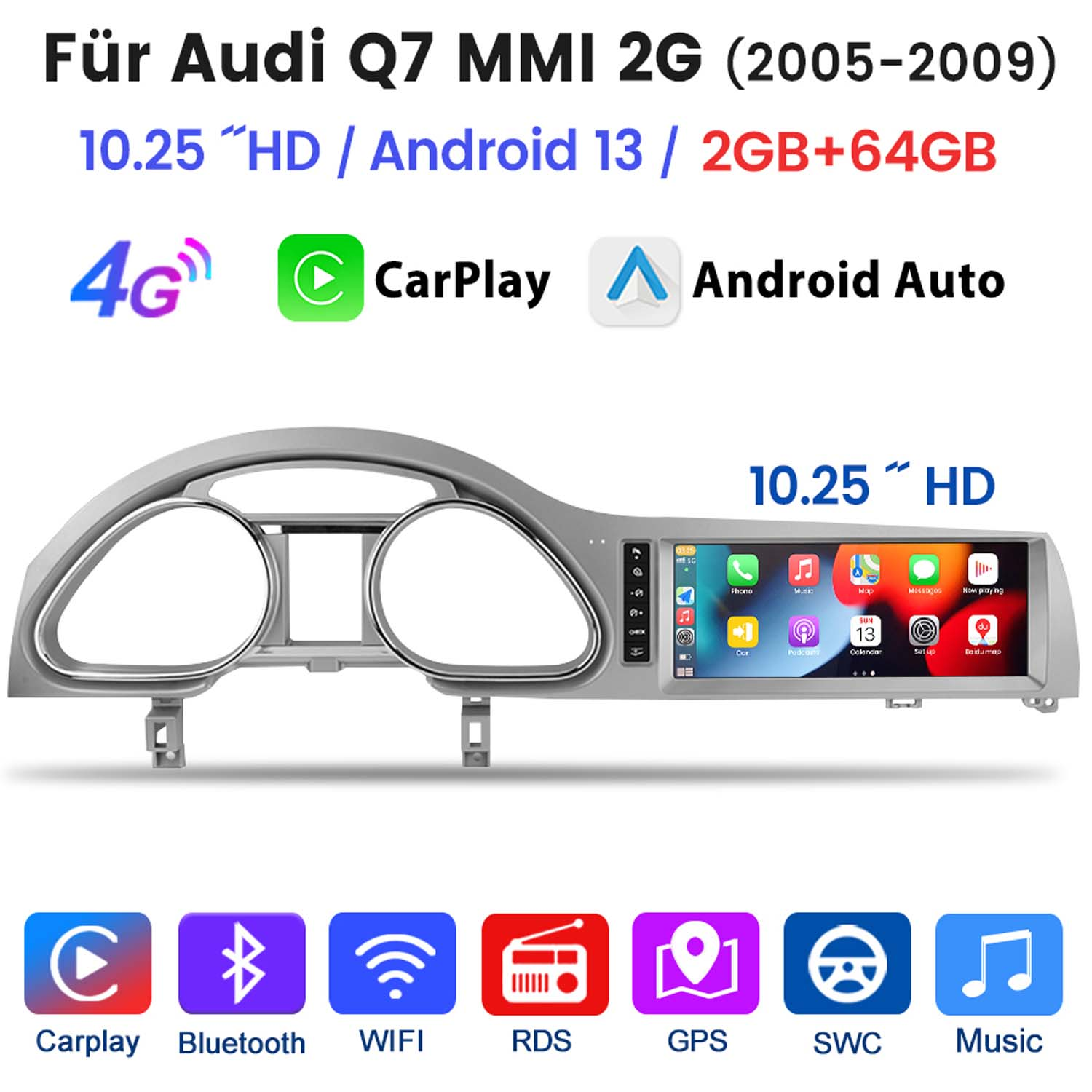 Auto-Multimedia-Player mit Symbolen, 10,25 HD-Bildschirm und mehreren Tasten.