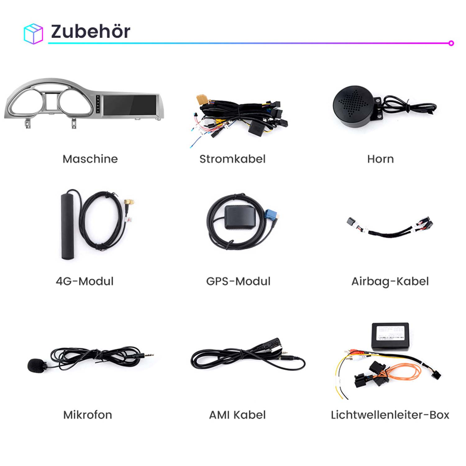 Verschiedenes Autozubehör wie Armaturenbrett, Kabel, Module und Lautsprecher. Auf weißer Oberfläche angeordnet.