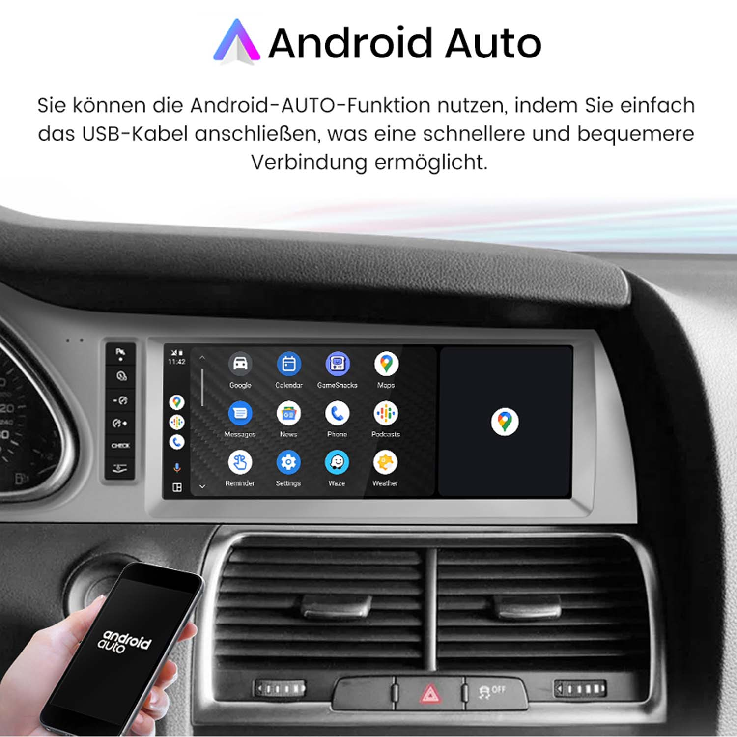 Armaturenbrett des Autos, das die Android Auto-Oberfläche auf einem Bildschirm zeigt.