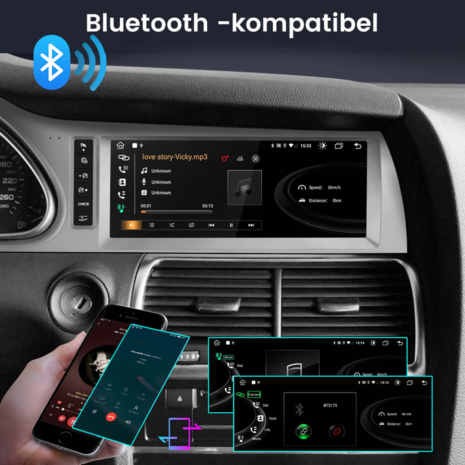 Ein Auto-Infotainmentsystem zeigt Musiksteuerungen. Ein Telefon zeigt die Musik-App. Mehrere Bildschirme werden gezeigt.