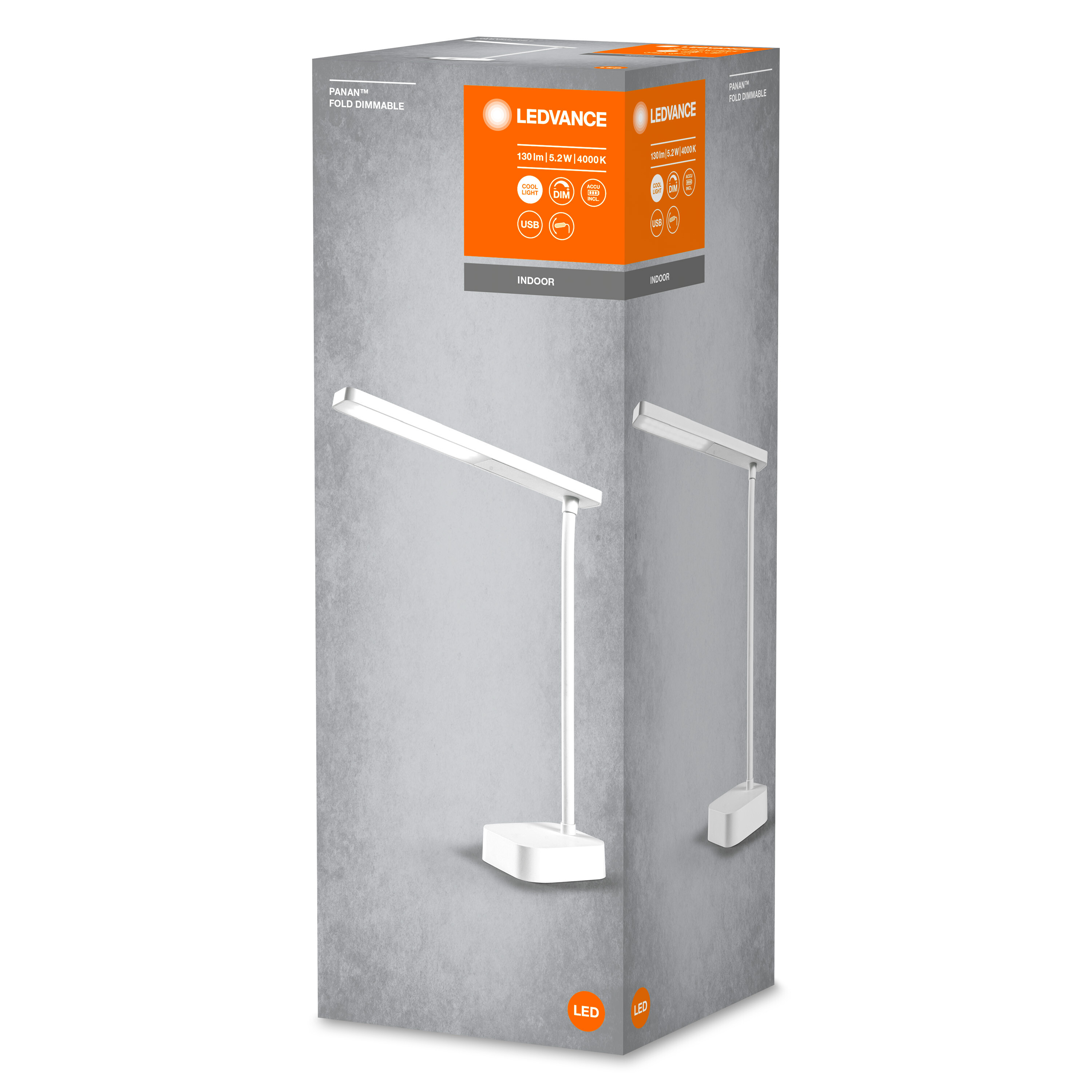 Weiße LED-Schreibtischlampe auf einer Box mit Markennamen und Details auf grauem Hintergrund.