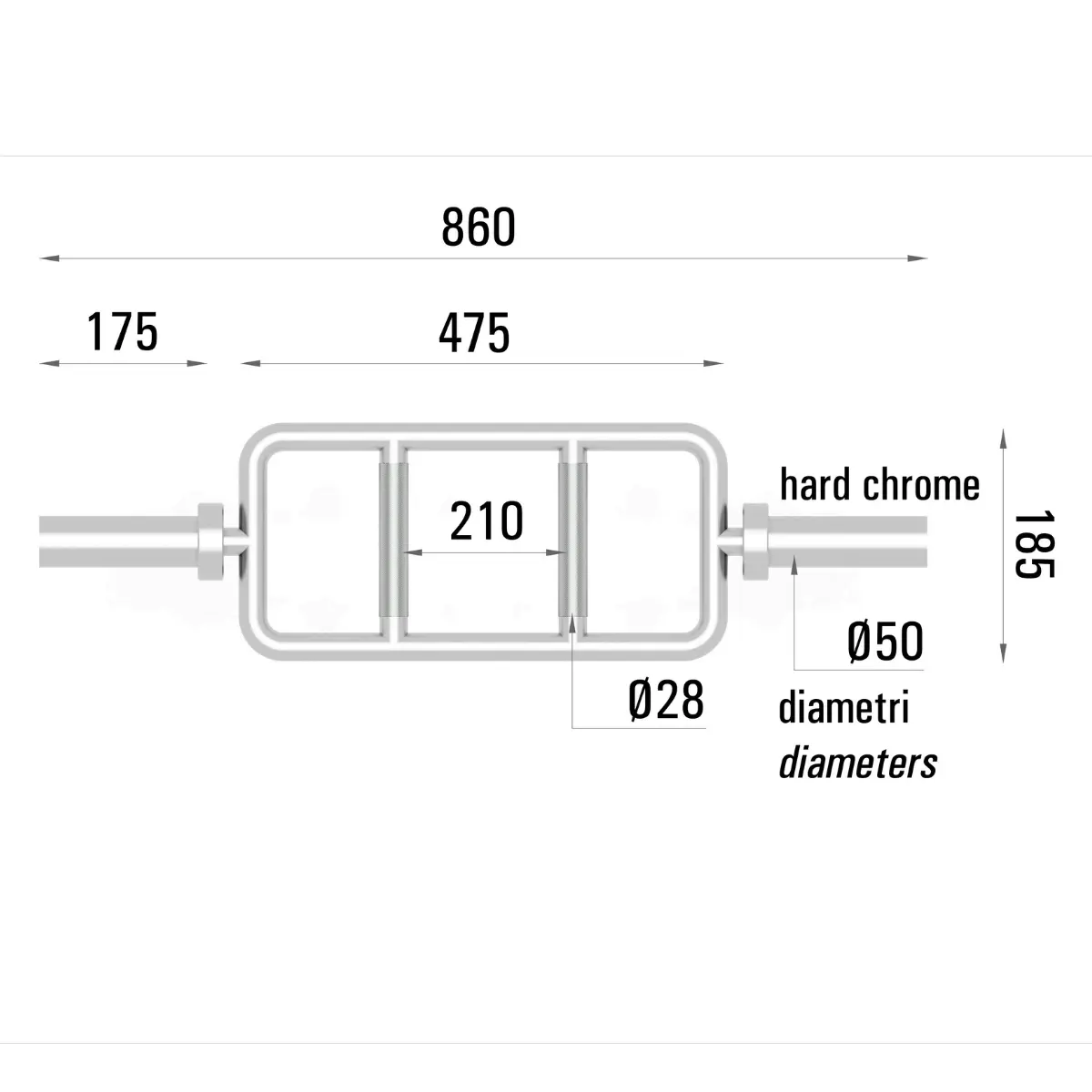 Ein Diagramm einer Metall-Langhantel. Es zeigt die Abmessungen der Langhantel in Millimetern.