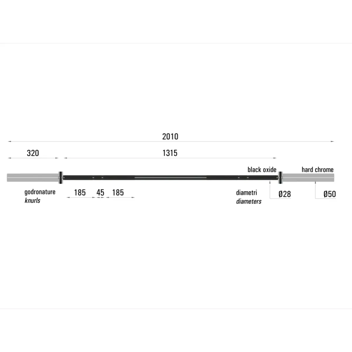 Black barbell with markings for weight distribution; dimensions labeled.