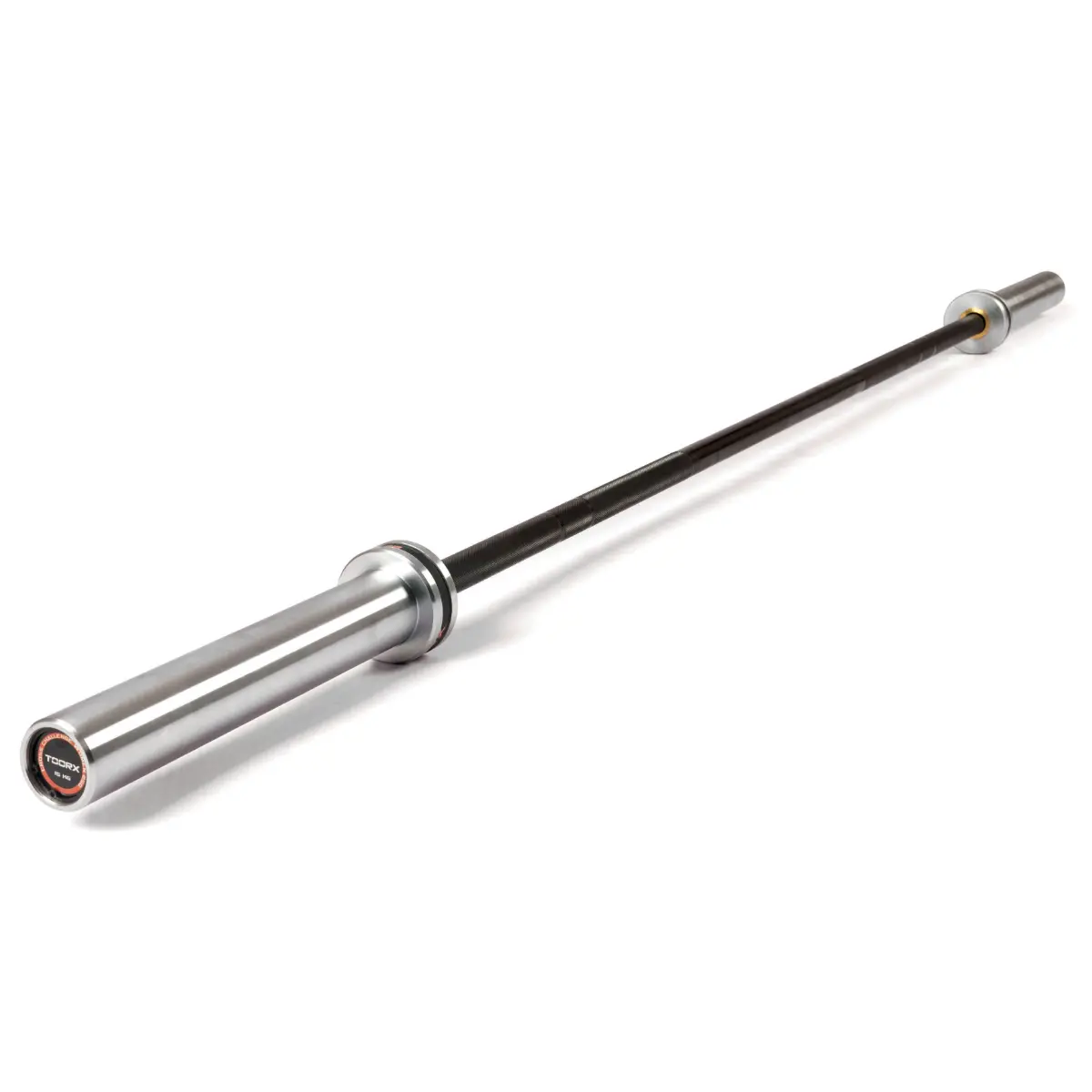 A silver barbell with black weight plates on a white background.