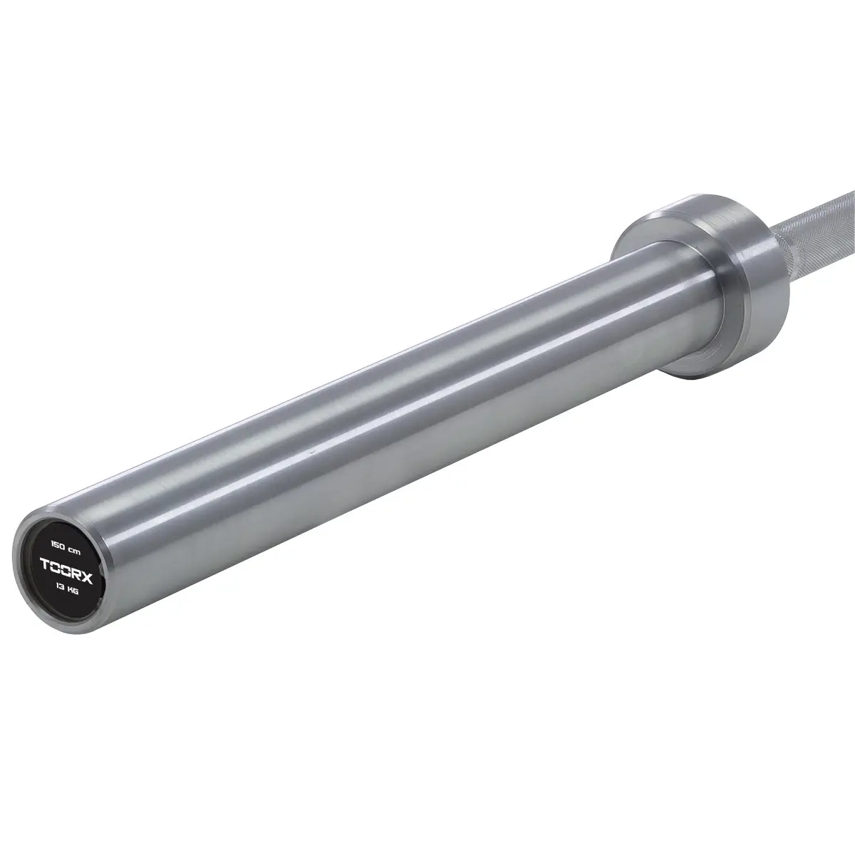 A silver barbell with a black label at the end. The barbell is on a white background.