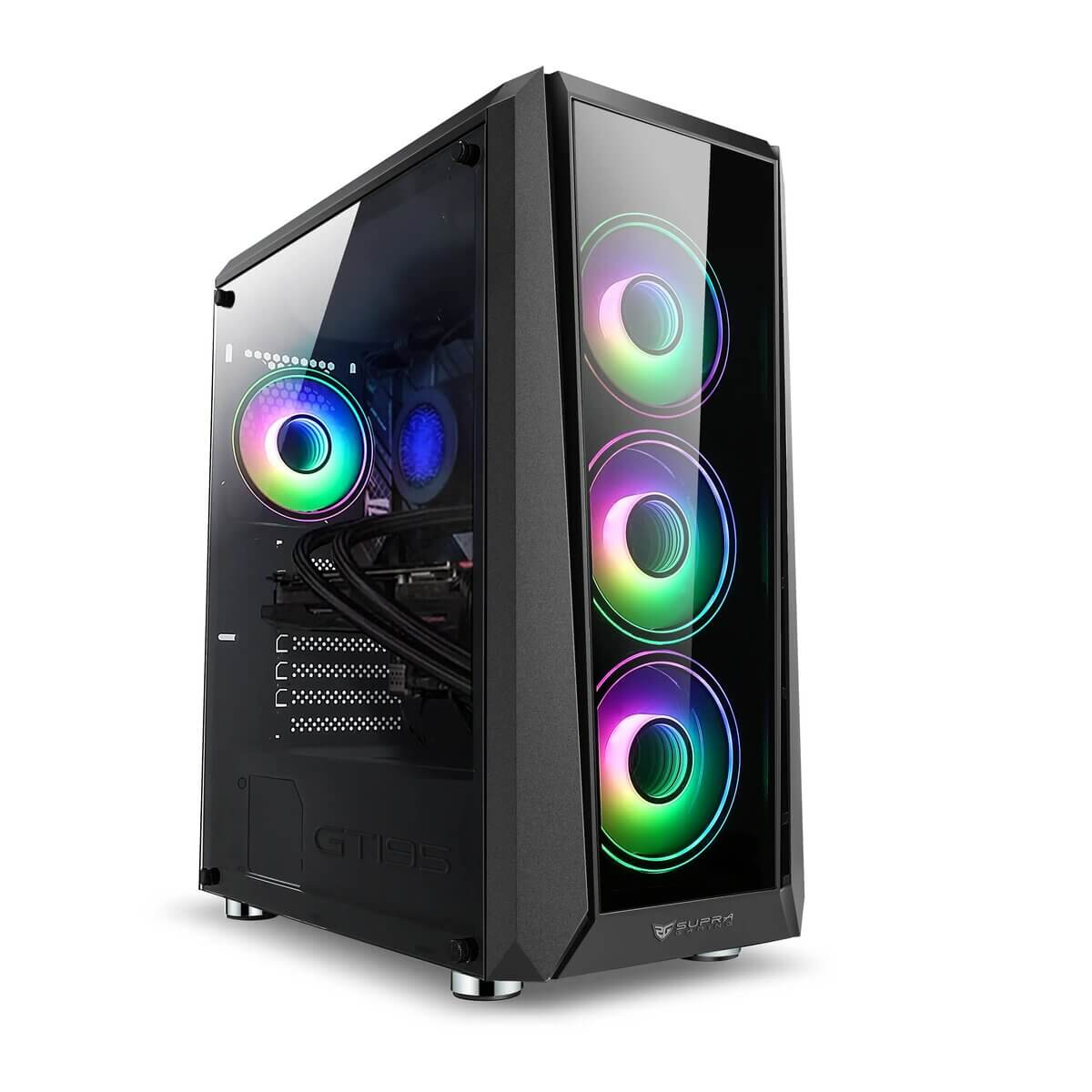 Una caja de ordenador negra con ventiladores RGB y un panel lateral de cristal.