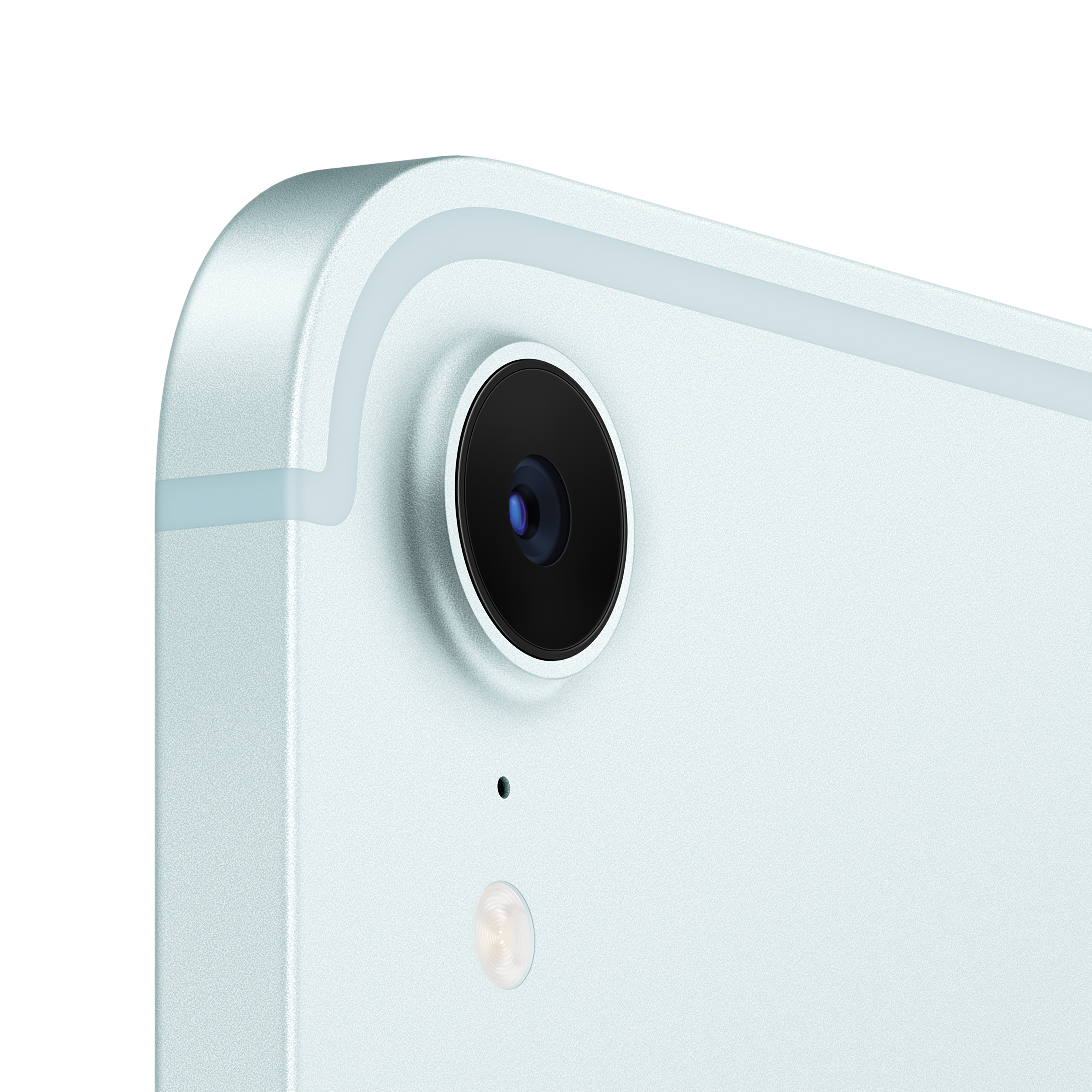 Zbliżenie kamery jasnoniebieskiego tabletu z czarnym obiektywem.