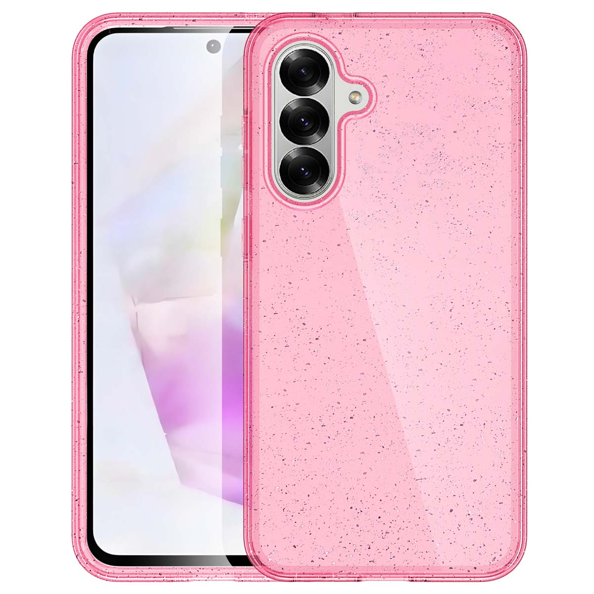 Een roze telefoonhoesje met een transparant glitterdesign. Er zit een telefoon in.