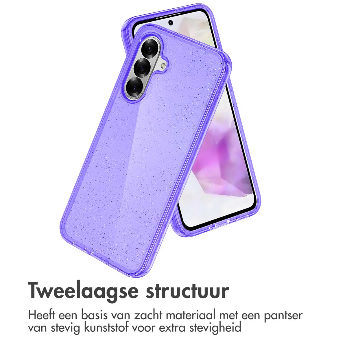 Een paarse glitter telefoonhoes met een telefoon erin. De tekst 'TweeLaagse structuur' is zichtbaar.