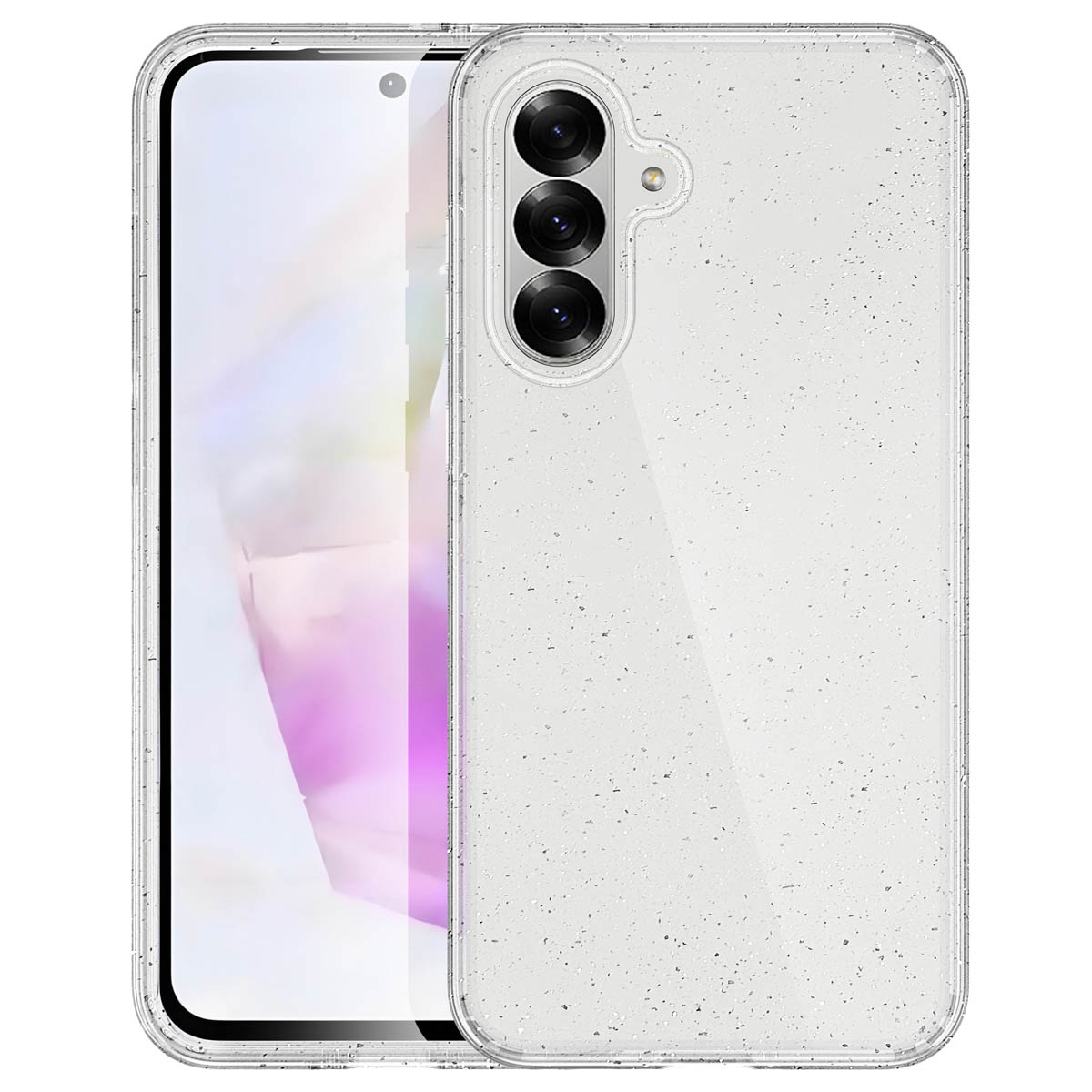 Transparante telefoonhoes met glitter, beschermt een telefoon met drie camera's.