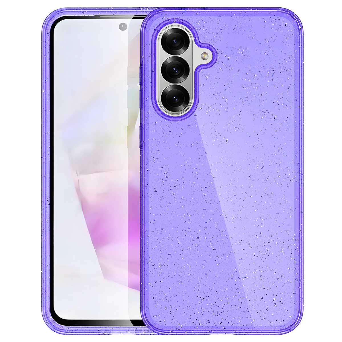 Coque de téléphone violette avec une découpe pour l'appareil photo. L'étui a une texture brillante.