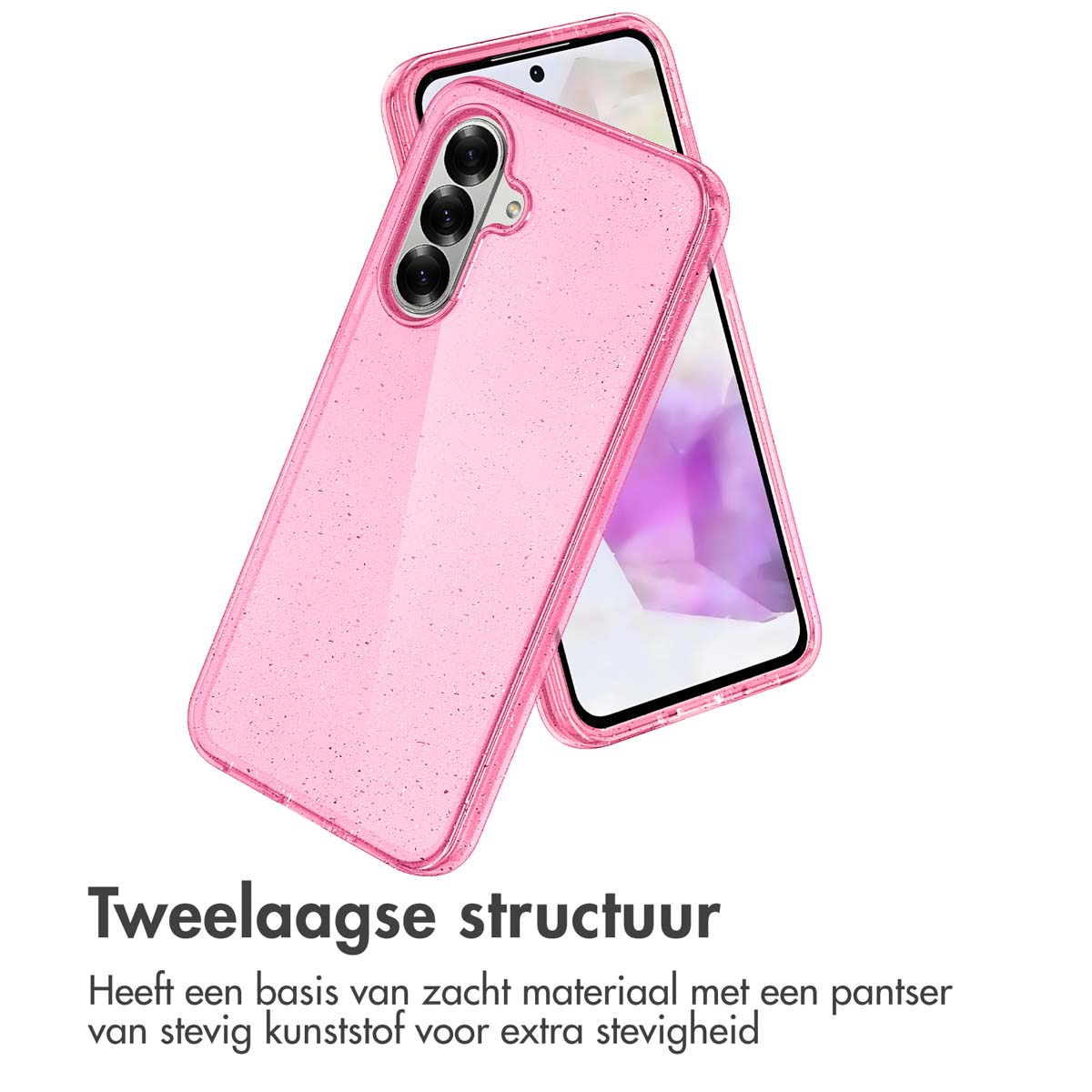 Une coque de téléphone rose pailletée avec un téléphone légèrement derrière.