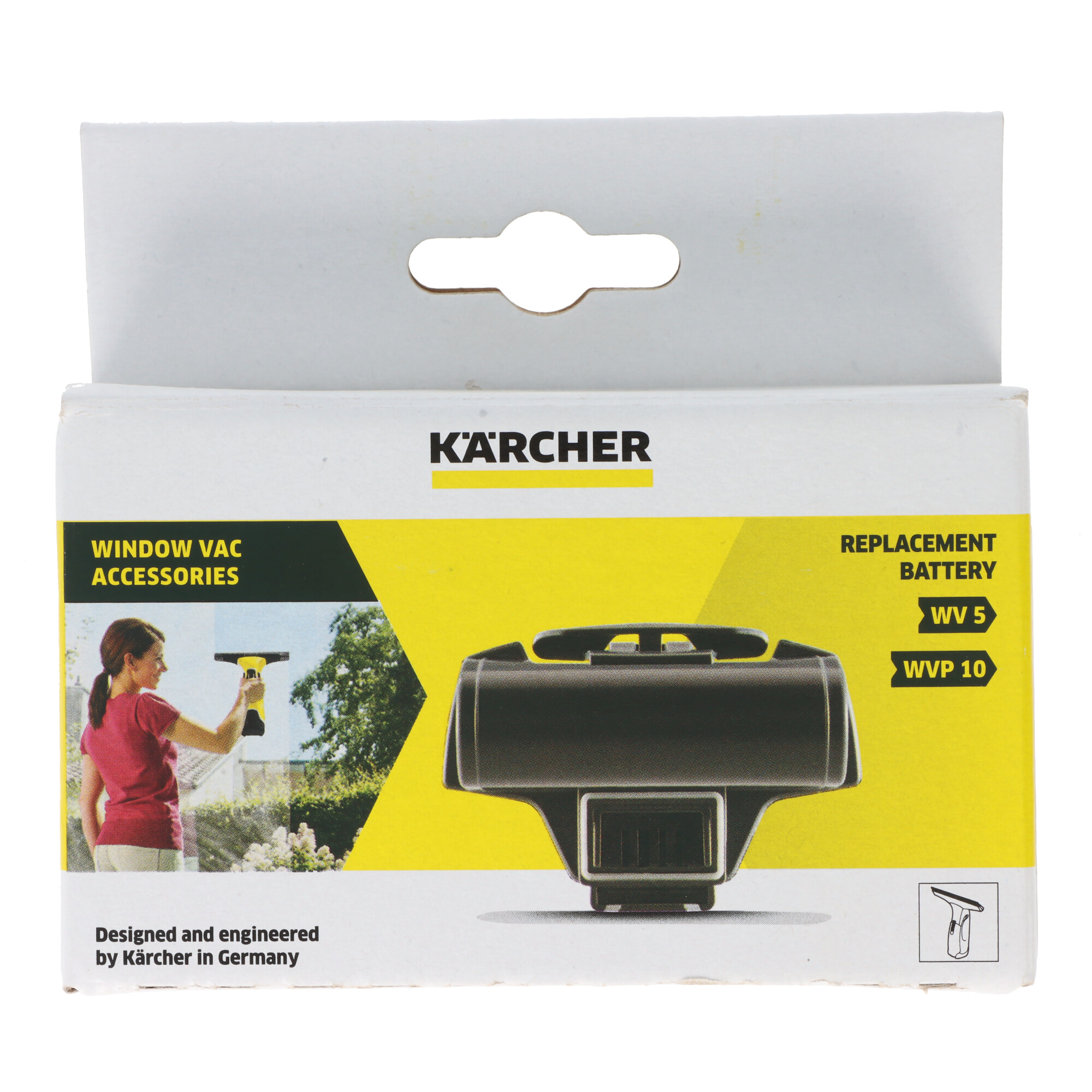 Kärcher Fenstersauger Zubehörbox, zeigt das Produkt und eine Person beim Reinigen eines Fensters.