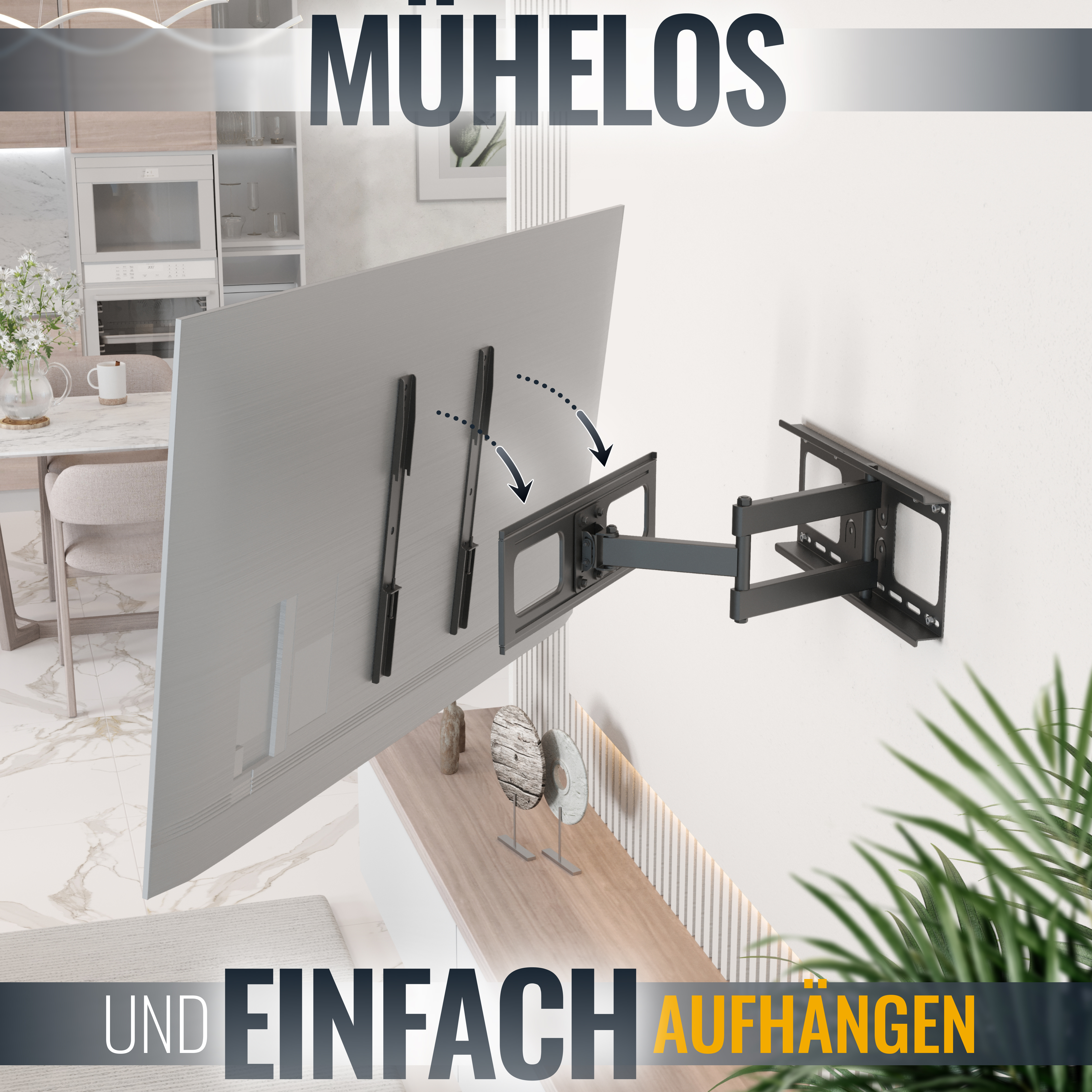 TV an der Wand montiert, mit Text 'MÜHELOS UND EINFACH AUFHÄNGEN'.