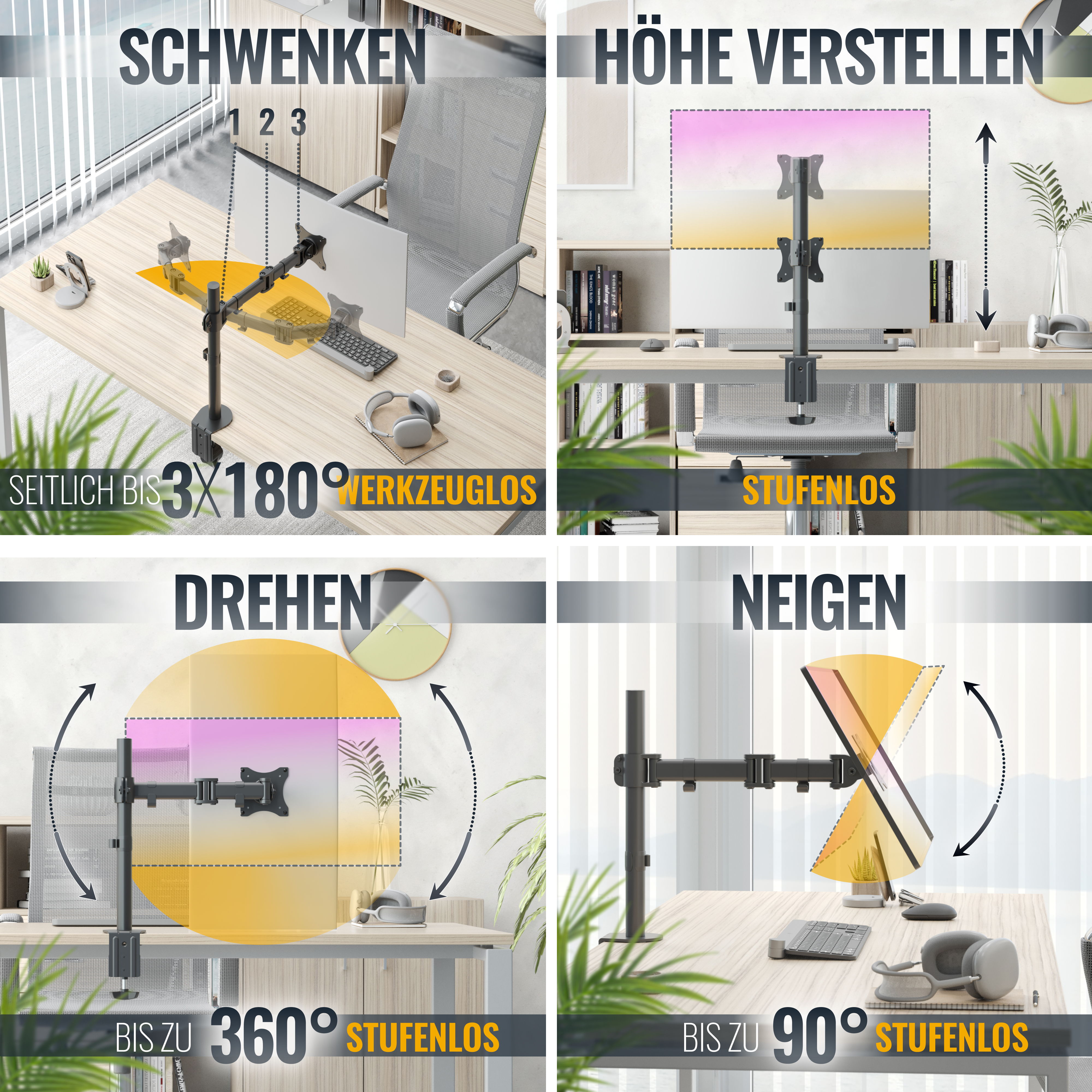 Vier Bilder, die Monitorarme mit Schwenk-, Höhen-, Dreh- und Neigungseinstellungen zeigen.