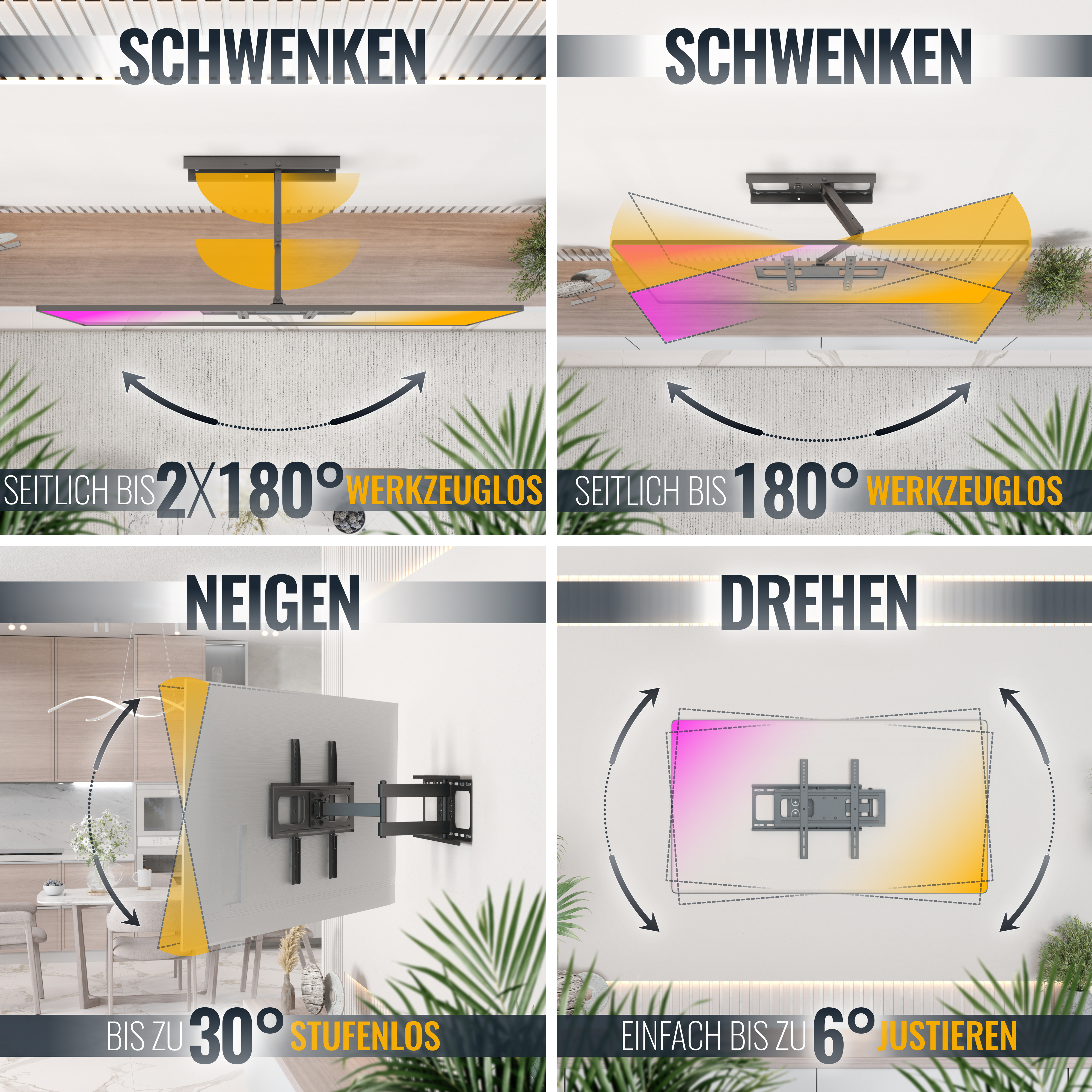 Diagramme, die die Bewegungen einer TV-Wandhalterung zeigen: schwenken, neigen und drehen.