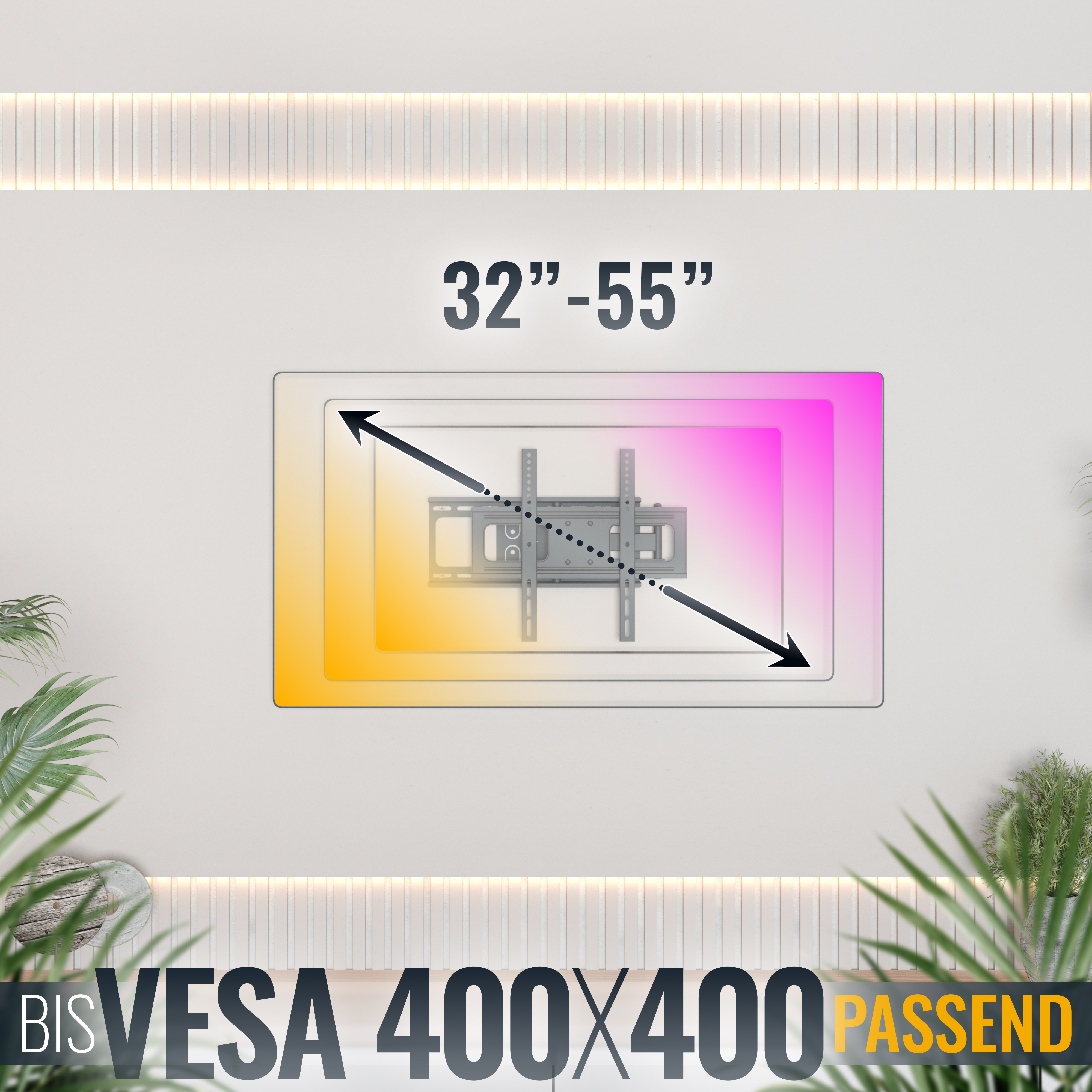 Fernseher an der Wand mit VESA-Halterung. Displaygröße von 32 bis 55 Zoll.