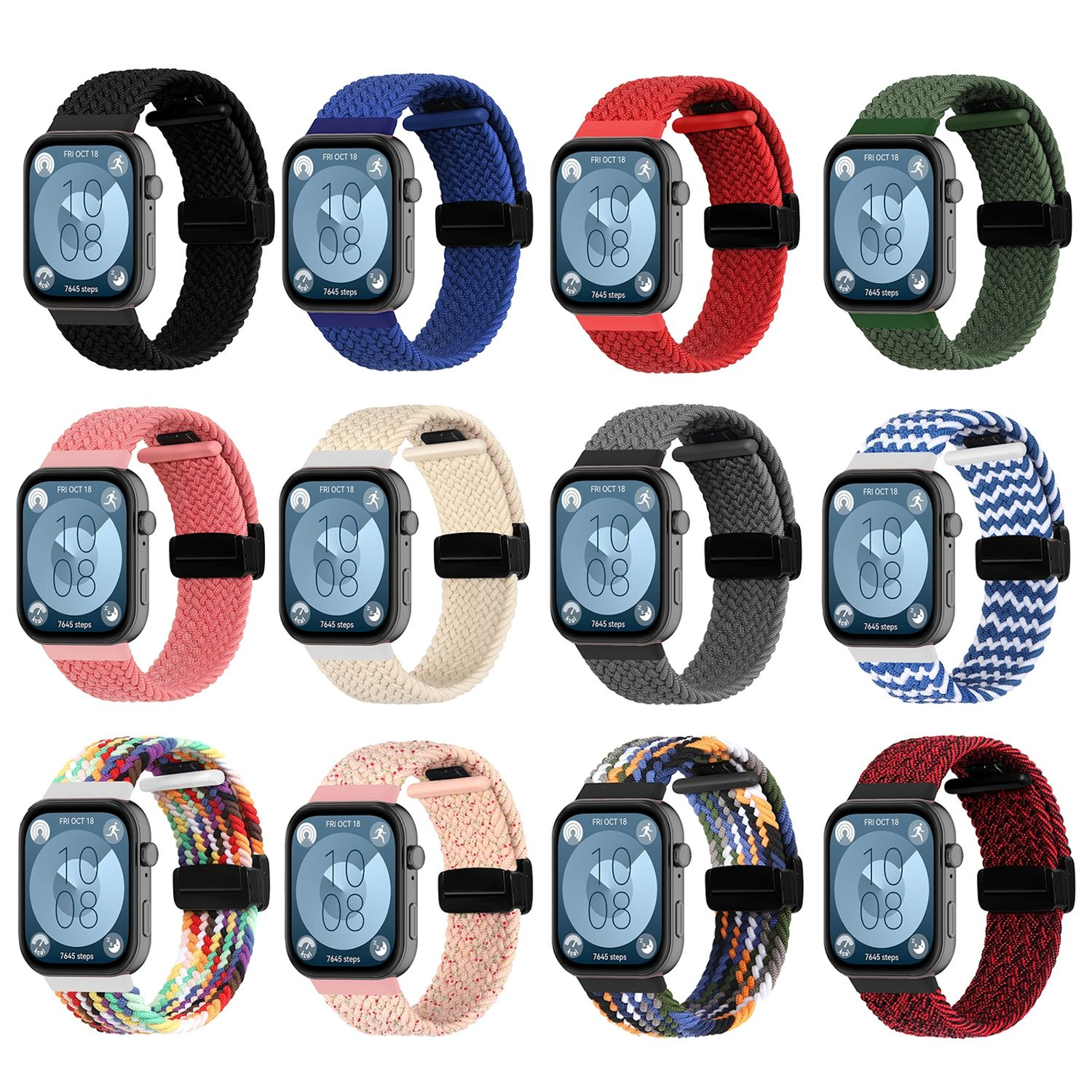 Zwölf Smartwatch-Armbänder in verschiedenen Farben: Schwarz, Blau, Rot, Grün, Rosa, Weiß, Grau usw.