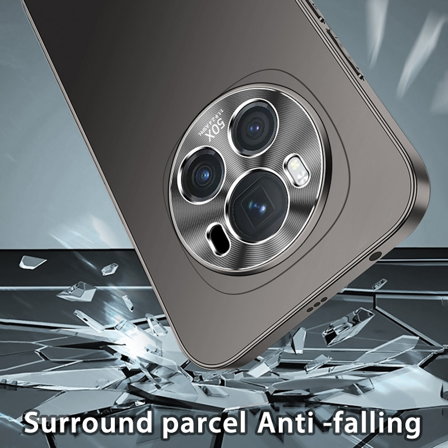 Smartphone-Rückseite mit Kamera-Array. Das Telefon ist grau, Glassplitter-Effekt vorne. Text sagt 'Anti-Falling'.