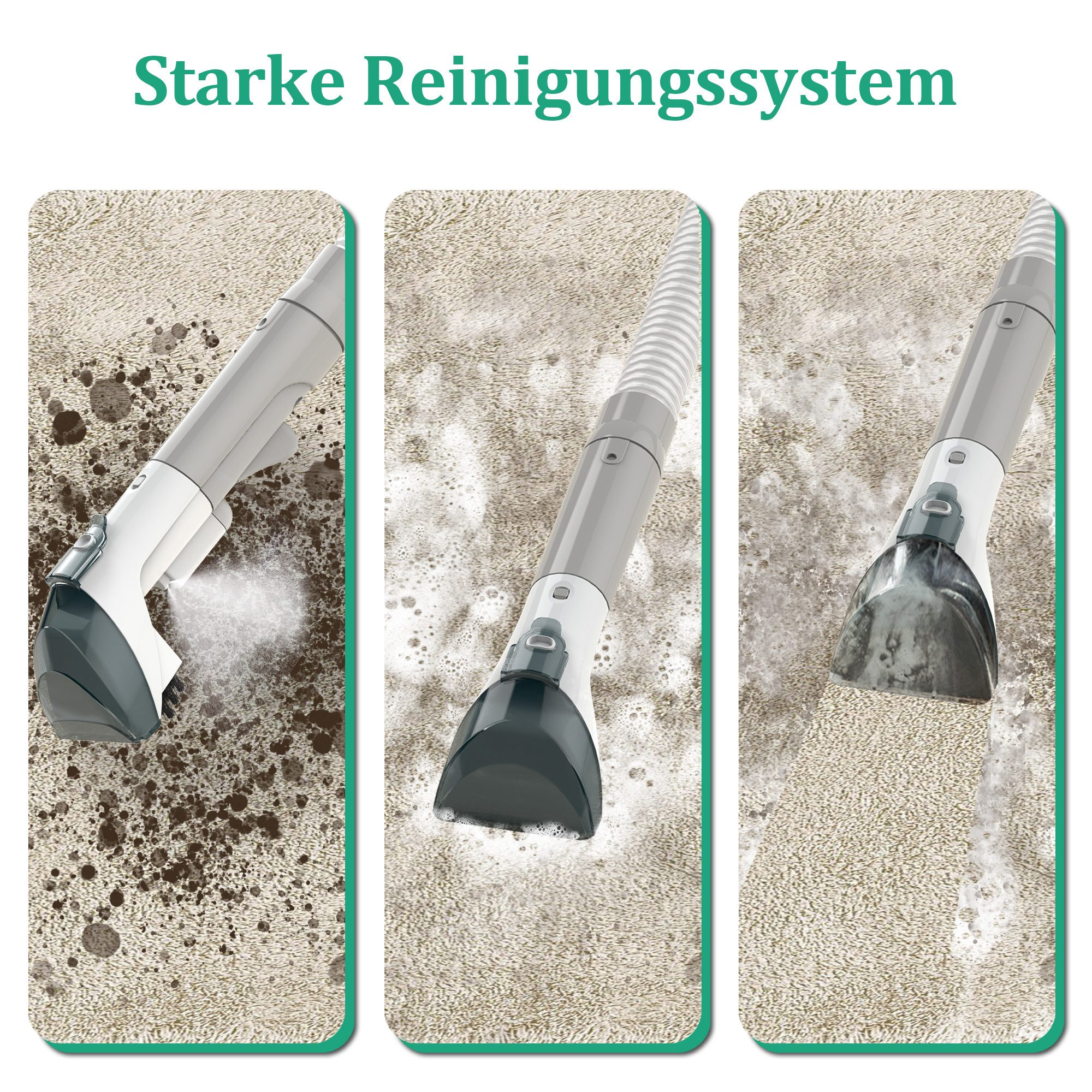 Drei Bilder eines Reinigungssystems. Jedes zeigt einen anderen Reinigungskopf auf einem beigen Teppich.