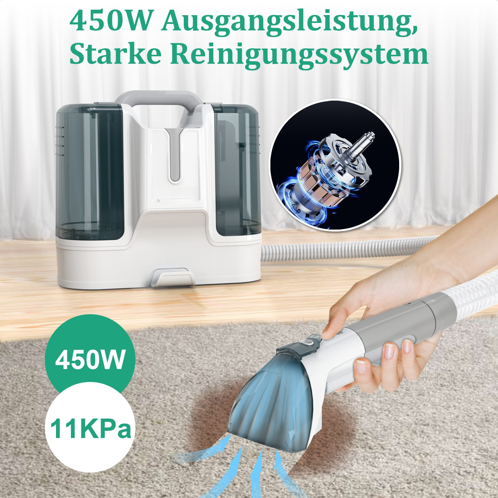 Ein Staubsauger mit einer Hand, die den Kopf hält. Text über 450W und 11kPa. Zeigt den Motor.