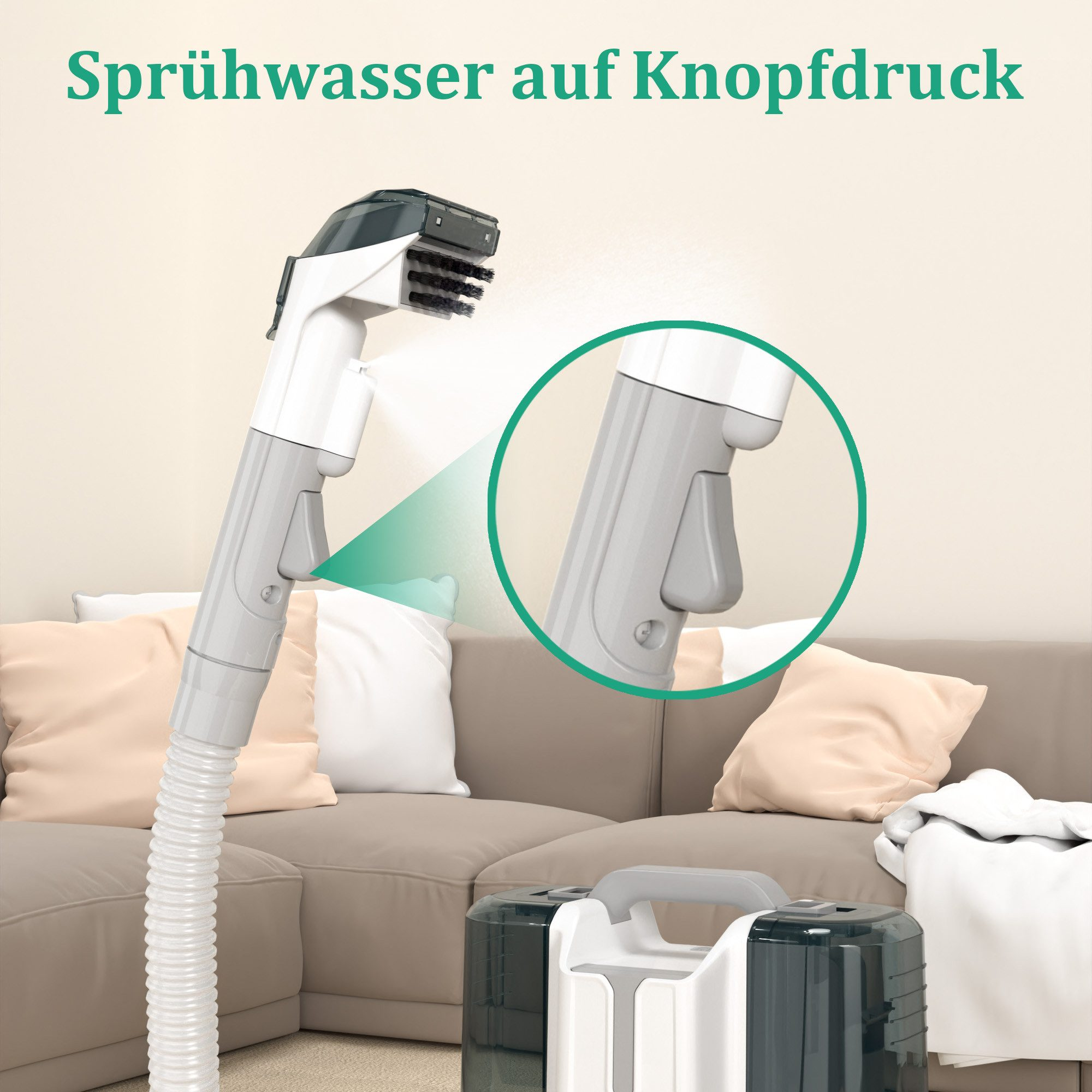 Ein Handstaubsauger sprüht Wasser, neben Sofa und Kissen.