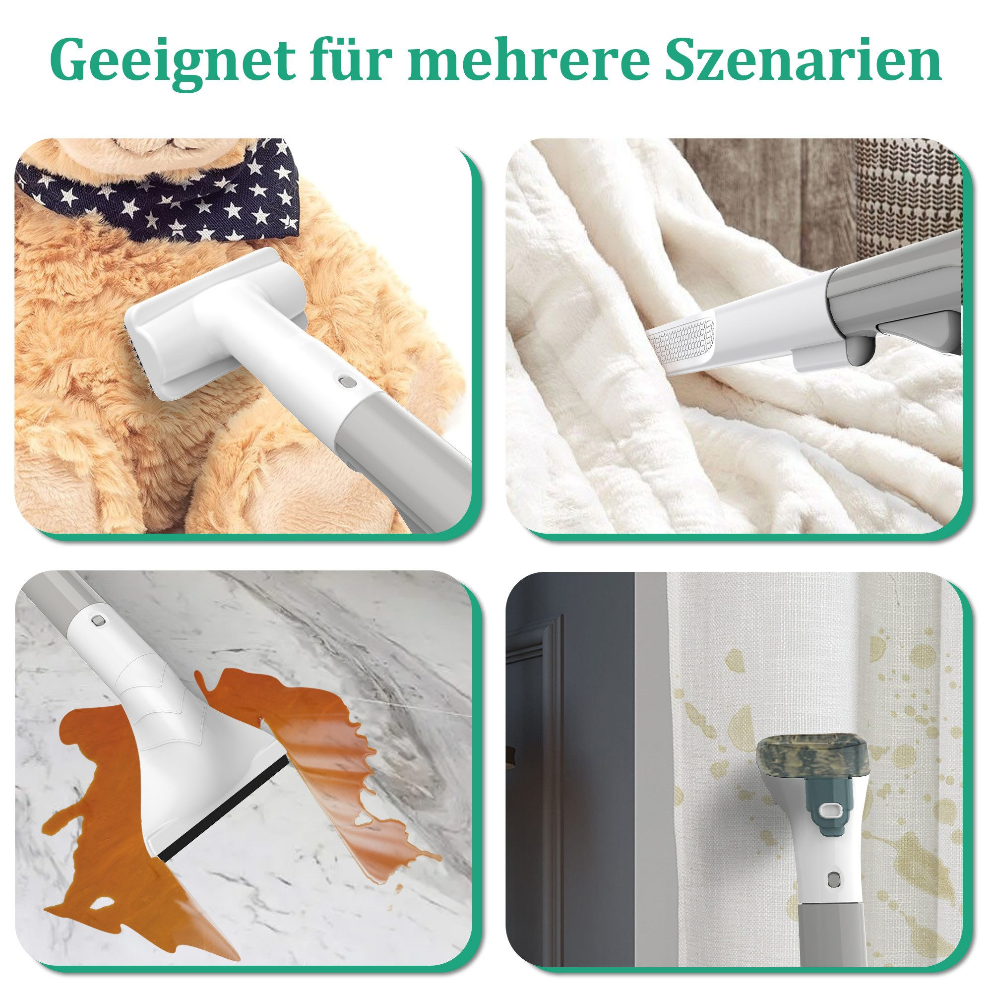 Vier Bilder, die die Verwendung eines Reinigungswerkzeugs zeigen. Beinhaltet die Reinigung eines Haustiers, Möbel, Böden und Vorhänge.