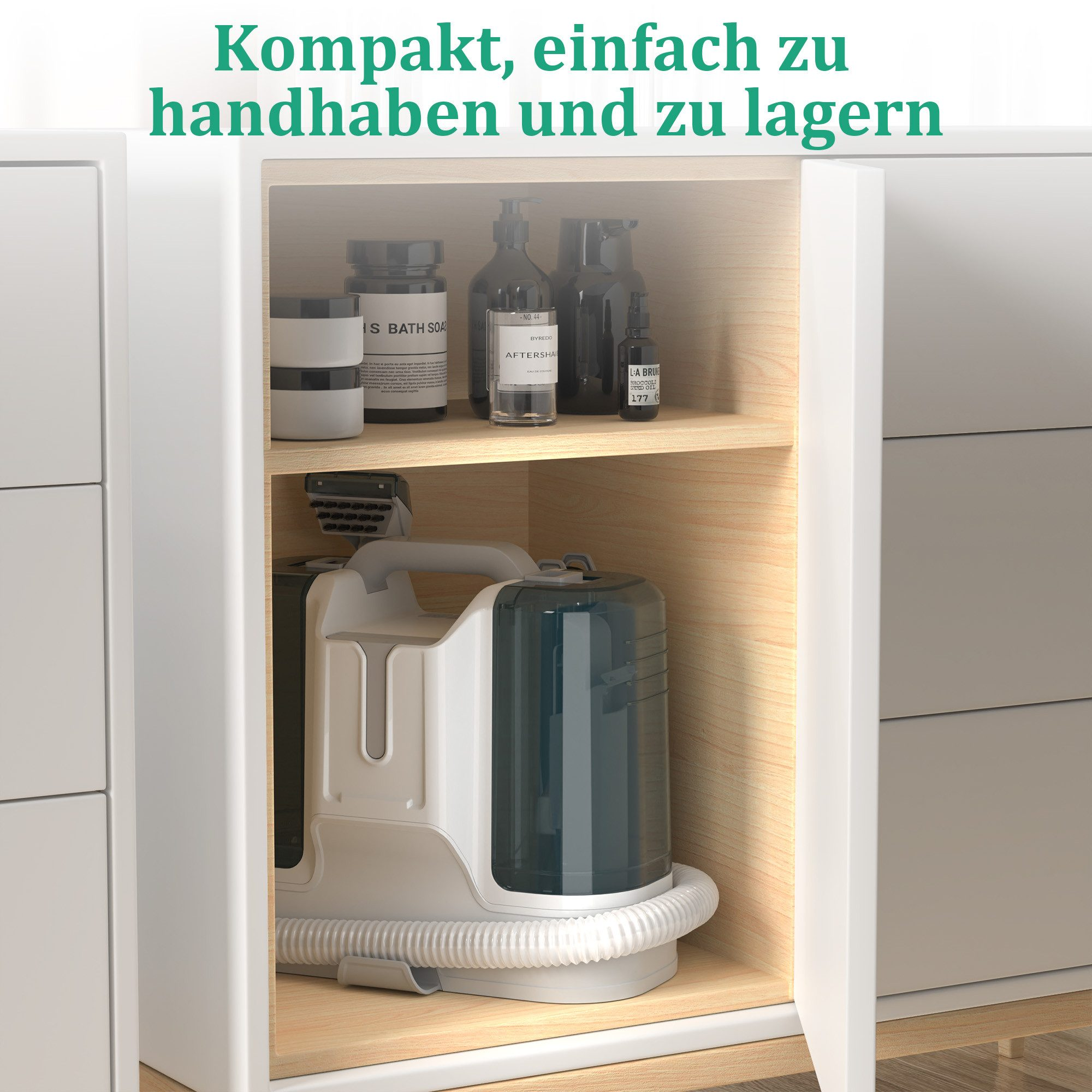 Schrankinneres mit Reinigungsmaschine und Toilettenartikeln. Text sagt: kompakt, einfach zu handhaben und zu lagern.