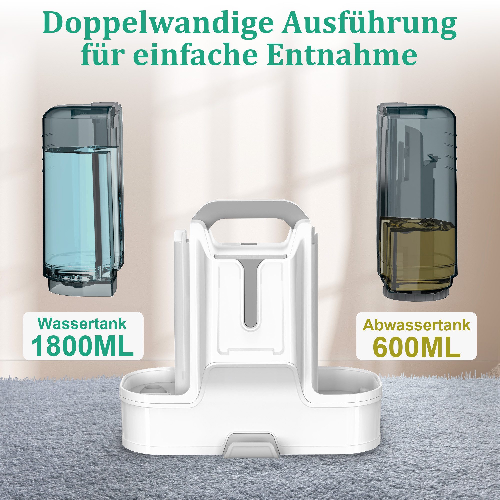 Weiß-grauer Haustier-Wasserspender mit zwei Wassertanks und einem Griff.