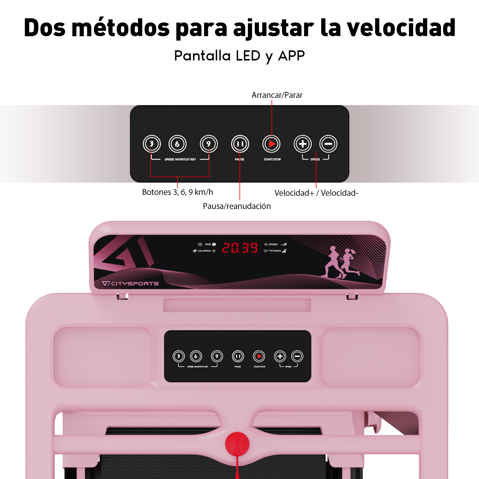 Panel de control de cinta de correr rosa con botones y pantalla digital que muestra velocidad y tiempo.
