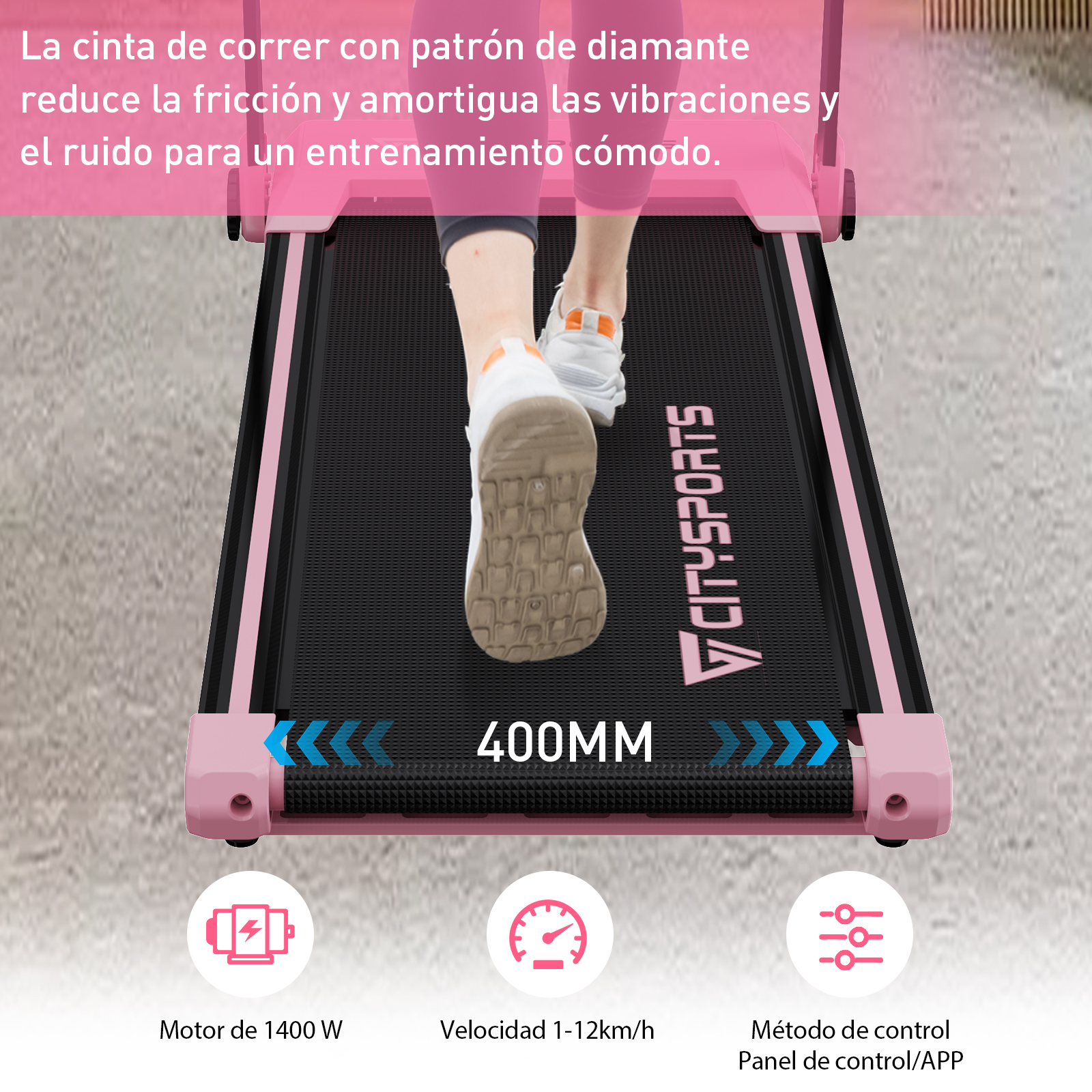 Caminadora rosa con pies de persona. Texto español indica características.
