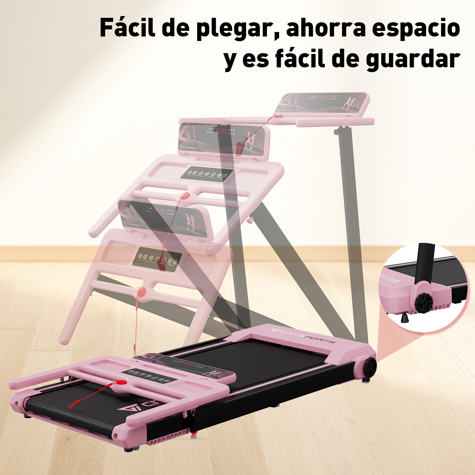 Cinta de correr plegable rosa. Muestra la cinta en diferentes posiciones, plegada y desplegada.