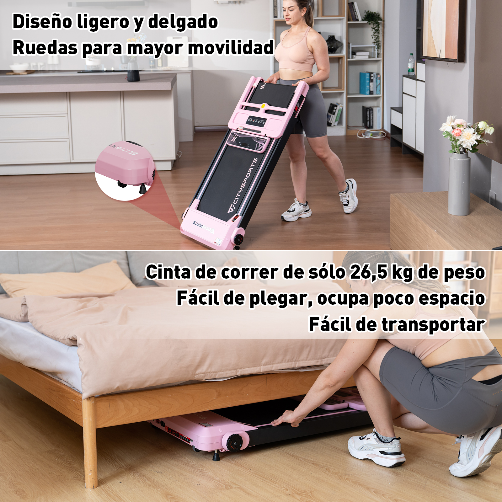 Mujer usando cinta de correr rosa. La cinta es plegable y portátil. Mujer haciendo ejercicio en la cinta.