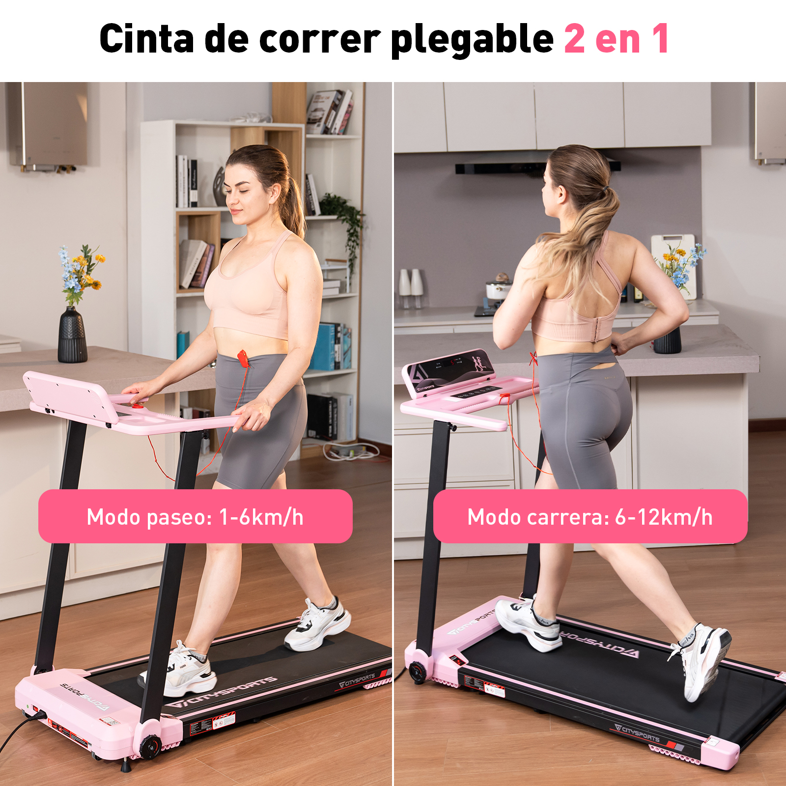 Dos personas en cintas de correr, una caminando y otra corriendo, en un entorno doméstico con texto.