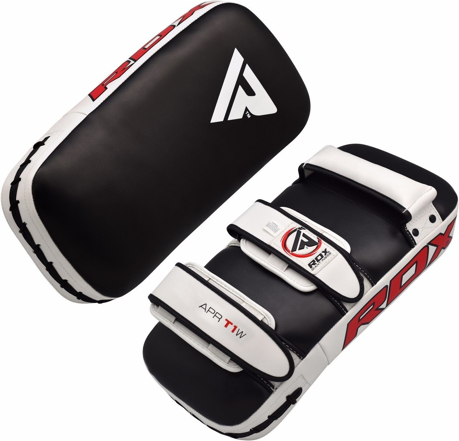 Pair of black and white boxing pads. Red text and logo on the pads.