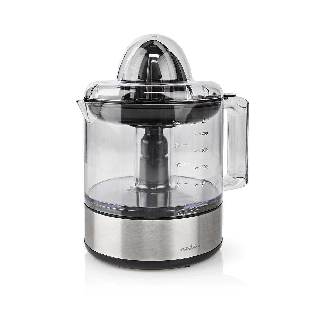 Spremiagrumi, trasparente, base in acciaio inox. Coperchio trasparente, interno nero, manico laterale.