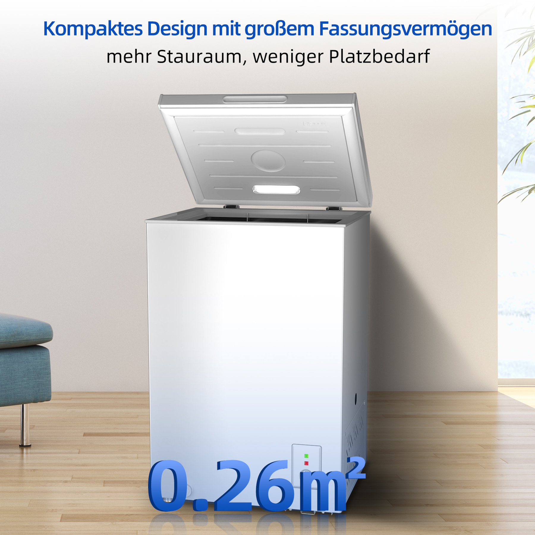 Eine weiße Truhengefriertruhe mit geöffnetem Deckel, Innenansicht, Größe 0,26 m².